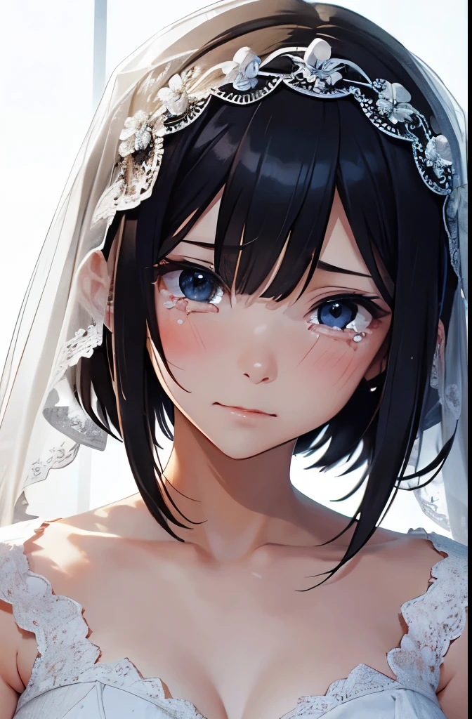 (masutepiece: 1.3), (max resolution: 1.2), (Ultra HDTV: 1.2), cinematric light, 8K resolution, Detailed facial features, expressive eyes, (Large tears: 1.3), (Upper body portrait: 1.2), Heart-wrenching scene, Beautiful bride, Accurate emotion, Anatomically correct, Highly detailed face texture, Tear-streaked cheeks, Groom standing nearby, Glossy wedding veil, Elegant wedding dress, White flowers in hair.