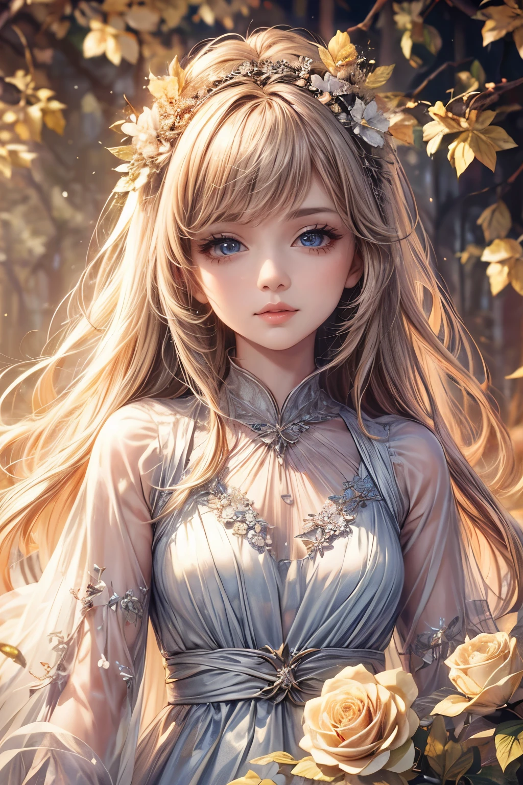 (best quality,8K,CG),detail upper body,lonesome girl,floral dress,forest background,detailed facial features,elegant long hair,almond-shaped eyes,detailed eye makeup,long fluttering eyelashes,blinking big eyes,twinkling stars,complex lip details,soft style