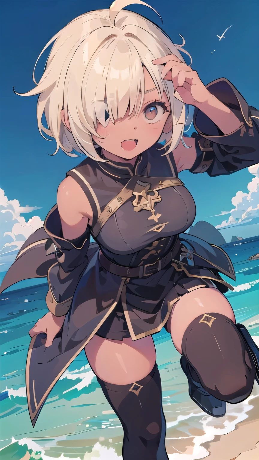 (masterpiece:1.2), (highest quality:1.2), perfect eyes, perfect face, perfect lighting, middle ages, sandy beach, 1 boy,blonde　red eye, ((((((hair over one eye)))))), Braid Styles, spiked hair, blunt bangs, bob hair, a braid, Ahoge, (wizard), cute eyes, medium breast, glaring, open mouth, ((from above)), ((front)), ((from below)), arms behind back, orgasm, scared, ahegao, smile+happy, fang, (((brown skin))),  Thighhighs, greaves, boots, big breasts, dynamic pose