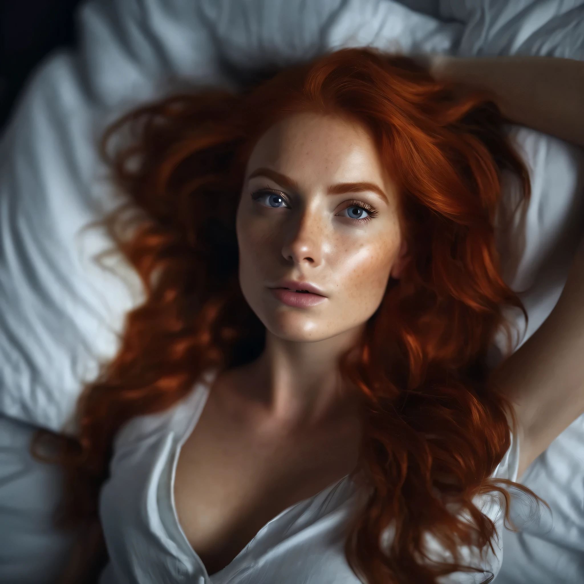  Beautiful European woman with fiery red hair lies in bed and looks at the ceiling, Sie blickt direkt in die Kamera, Im Schlafzimmer ist es , romantic atmosphere, Konzentrieren Sie sich auf das Gesicht, Scharfer Fokus, 8k High Definition, ultrarealistisch, hyperrealistisch
