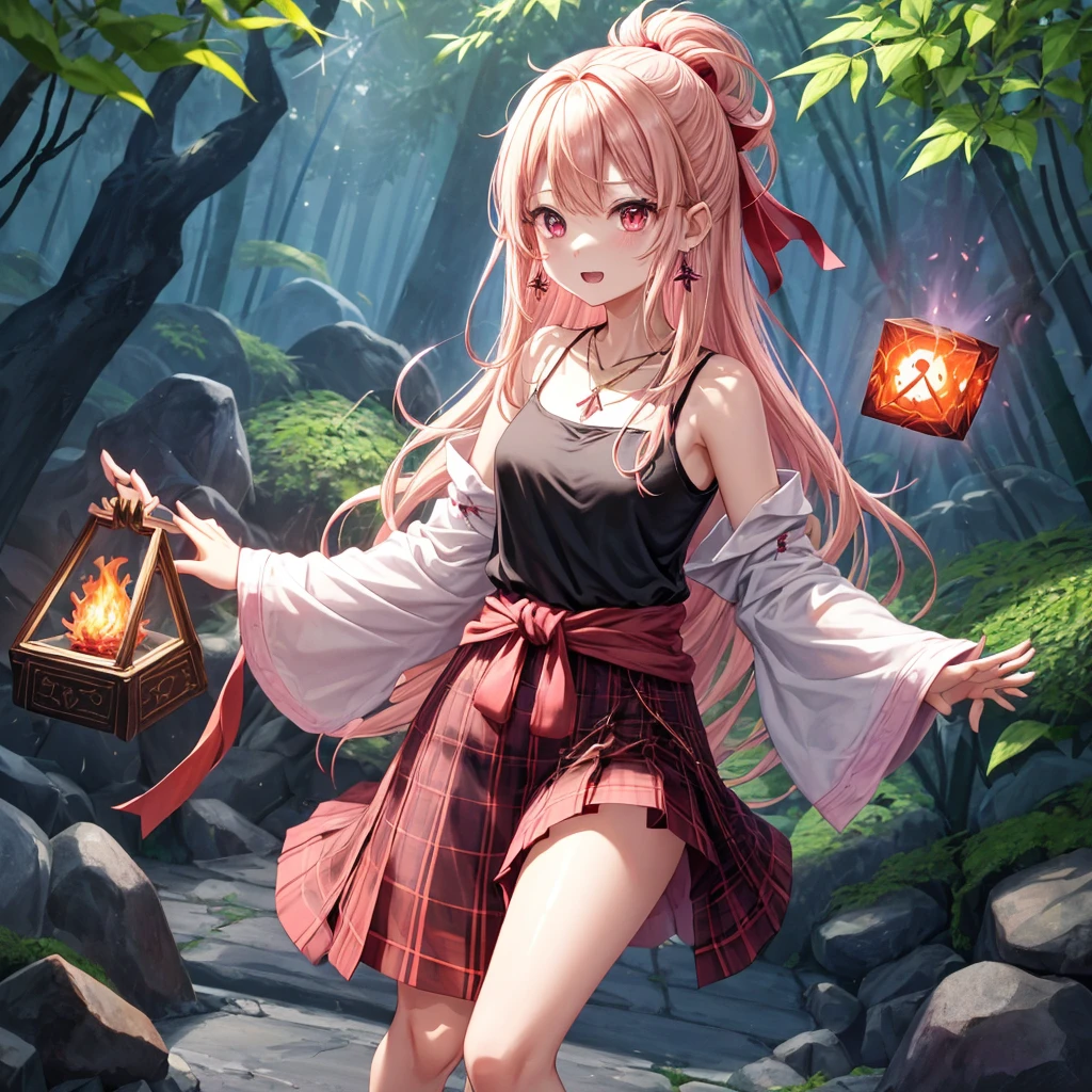 pink blonde、red eyes、one good looking girl、solo、anime、plaid mini skirt、black camisole、black t-shirt、dress、wearing a ribbon、ribbon at waist、cloak、hood、stone slabs are piled up、crystal earrings、jewelry necklace、Light and shadow、walking、clock、universe、vine plant、petal、tilting one's face、teeth are visible、fire spirit、book of magic、Cube、bamboo forest、lava