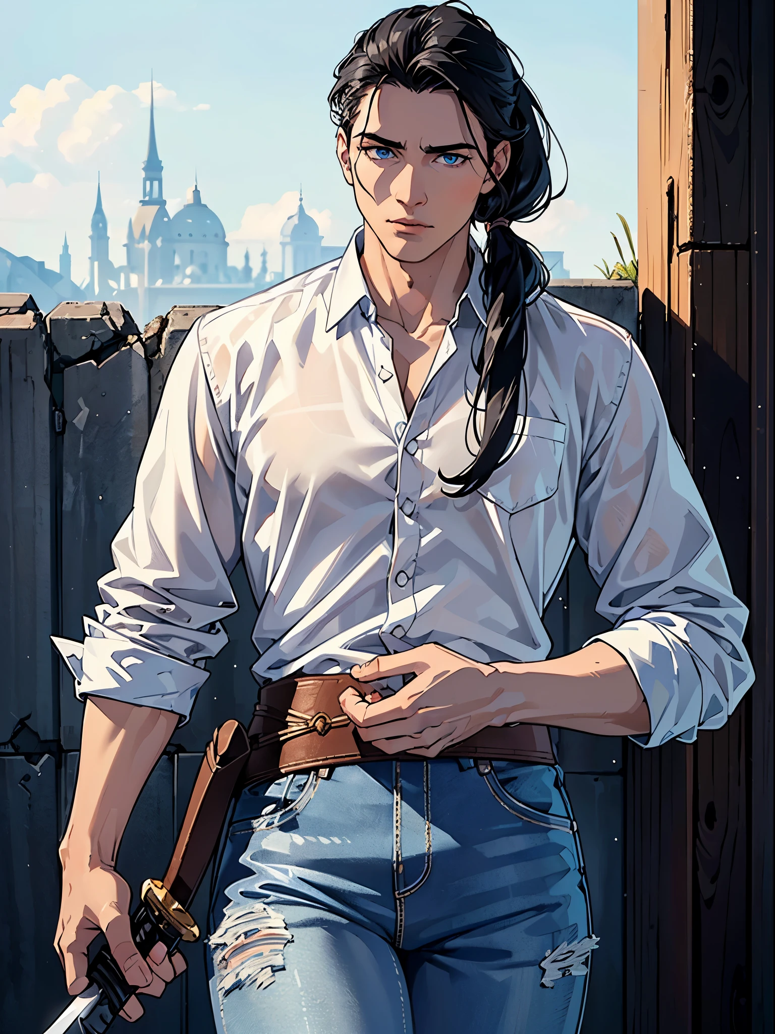 A young man with indigo long hair, long and straight hairstyle, looks up, a gentle expression, a tender gaze, a two-piece fantasy-realism style outfit, knitted shirt over a dark fitted undershirt, belted at the waist, long flowing hemline, matching trousers, the background shows a medieval fantasy-style street with snowflakes falling, this character embodies a finely crafted fantasy-realism in anime style, characterized by an exquisite and mature manga illustration art style, high definition, best quality, highres, ultra-detailed, ultra-fine painting, extremely delicate, professional, anatomically correct, symmetrical face, extremely detailed eyes and face, high quality eyes, creativity, RAW photo, UHD, 8k, Natural light, cinematic lighting, masterpiece-anatomy-perfect, masterpiece:1.5
