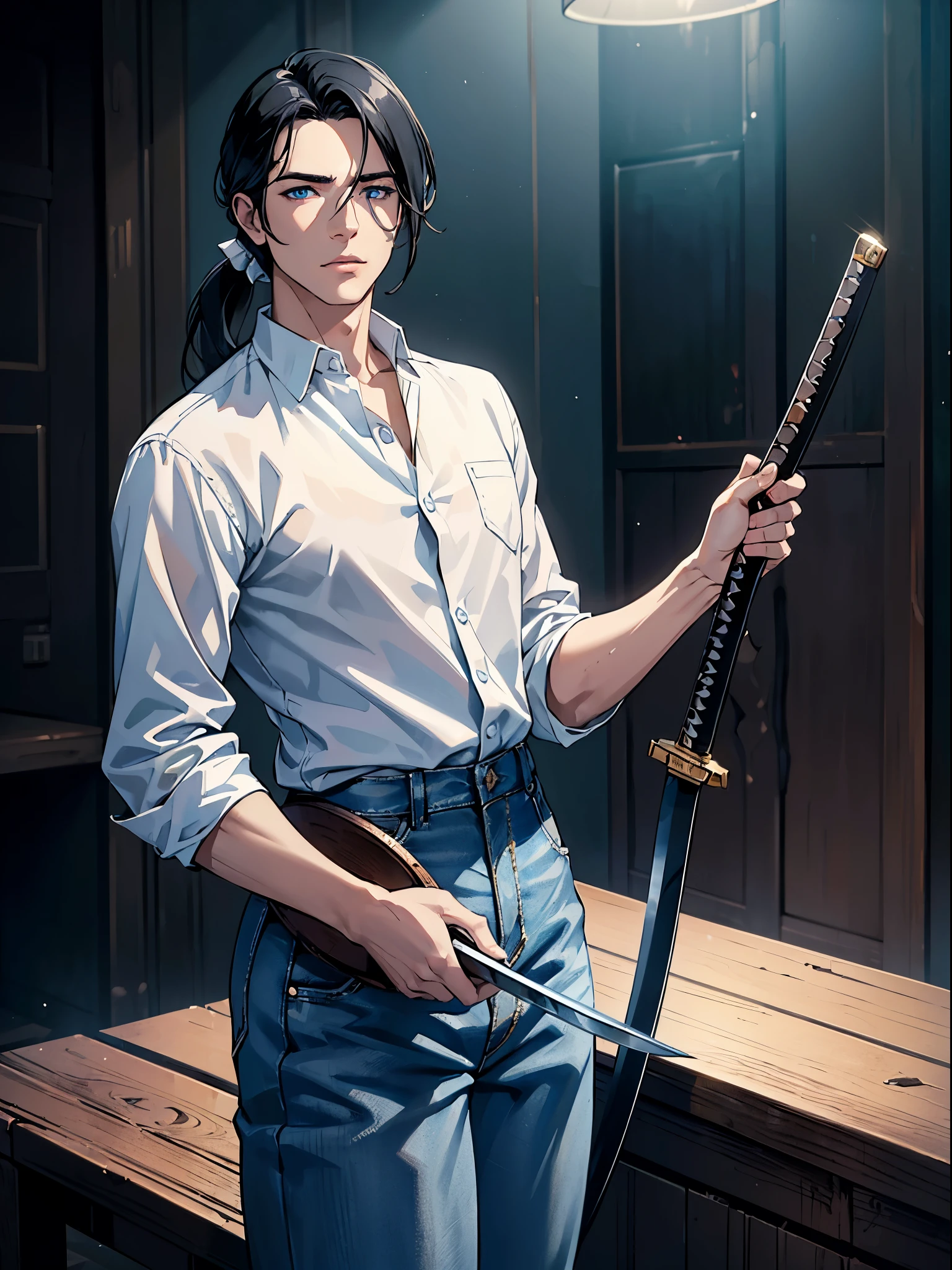 (best quality:1.4),masterpiece,ultra-detailed,delicate features,delicate skin,realism,beautiful lighting,cowboy shot,1man,black hair, pony tail,blue eyes ,tareme,long hair,white skin, white shirt out of the jeans, wasteland, he's holding a katana