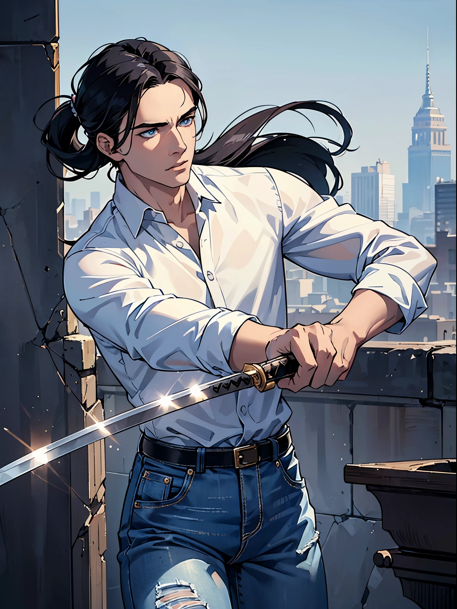 (best quality:1.4),masterpiece,ultra-detailed,delicate features,delicate skin,realism,beautiful lighting,cowboy shot,1man,black hair, pony tail,blue eyes ,tareme,long hair,white skin, white shirt out of the jeans, wasteland, he's holding a katana