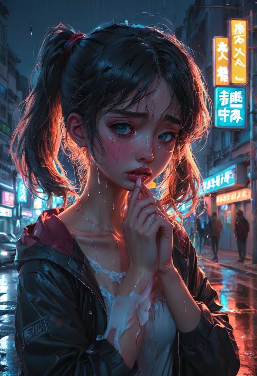 comic art style, anime realism, beautiful girl crying, tear, city street, neon, (best quality, perfect masterpiece, Representative work, official art, Professional, byyue, high details, Ultra intricate detailed:1.3)