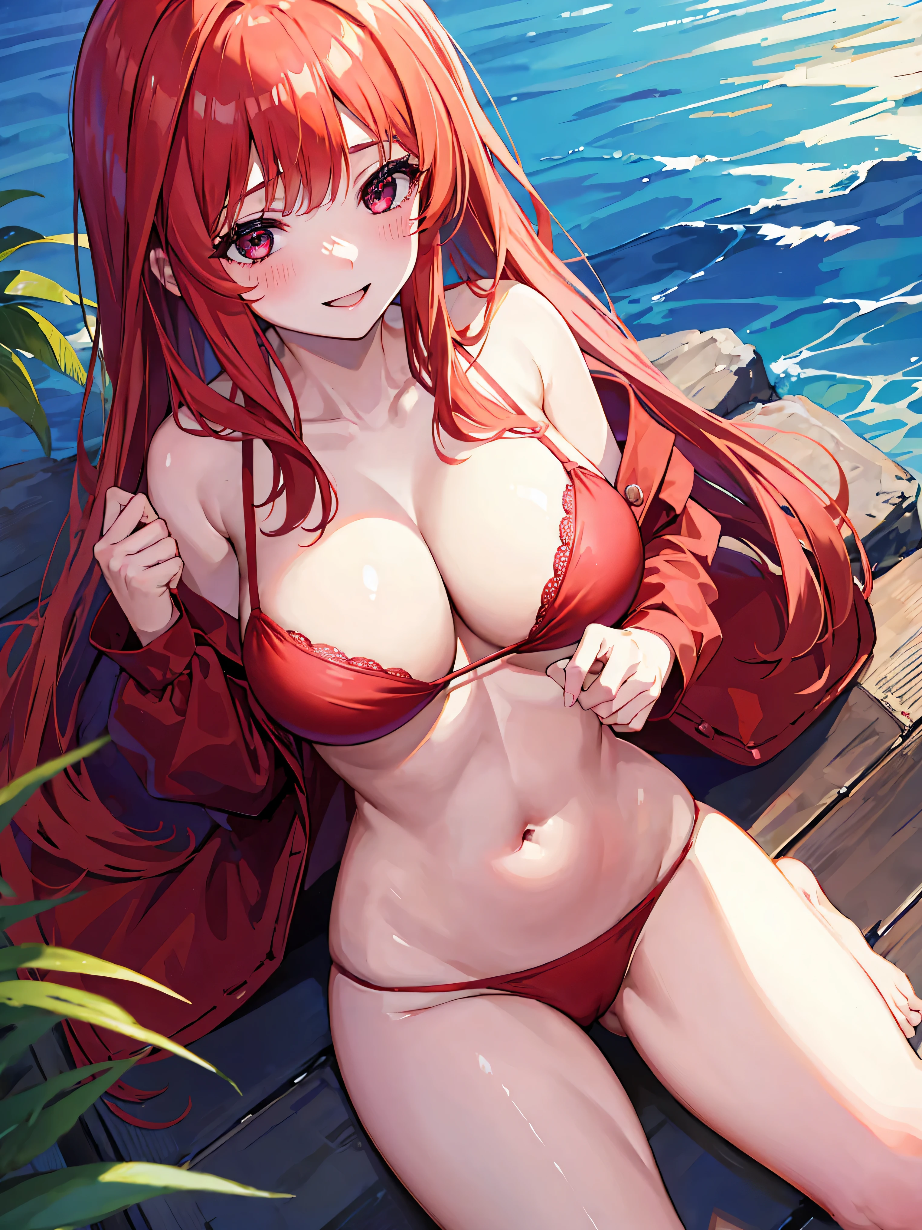 1 girl, big breasts, sexy body, smiling and blushing, wearing red bikini and an open shirt