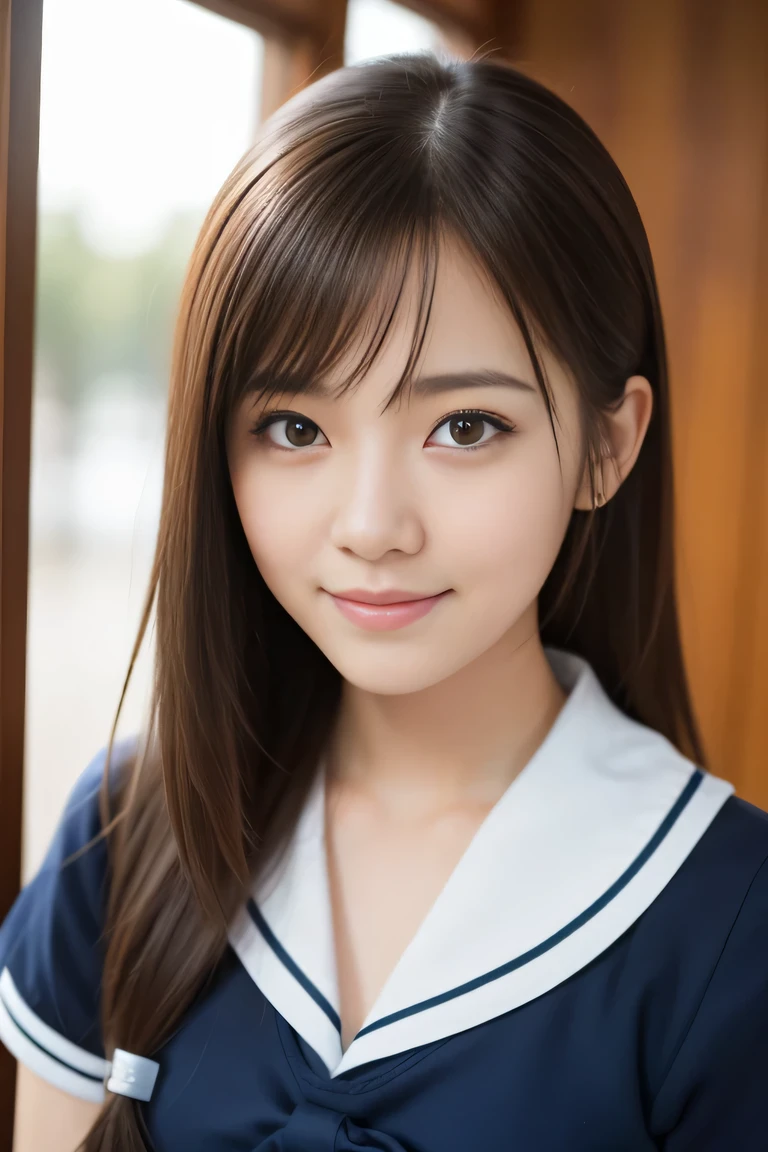 embarrassed , 1girl, cute, , smiling, look at viewer, sailor uniform, seifuku, photo, realistic, best quality, hires, detailed face, classroom, detailed background, diffused lighting, depth of field, bokeh, , portrait, , ( masterpiece), accurate, anatomically correct, f/1.8, 90mm, Fujifilm GFX 50R, raw photo, regina display, super detail, high details, high quality, best quality, highres, UHD, 1080p HD, 4K, 8K,
