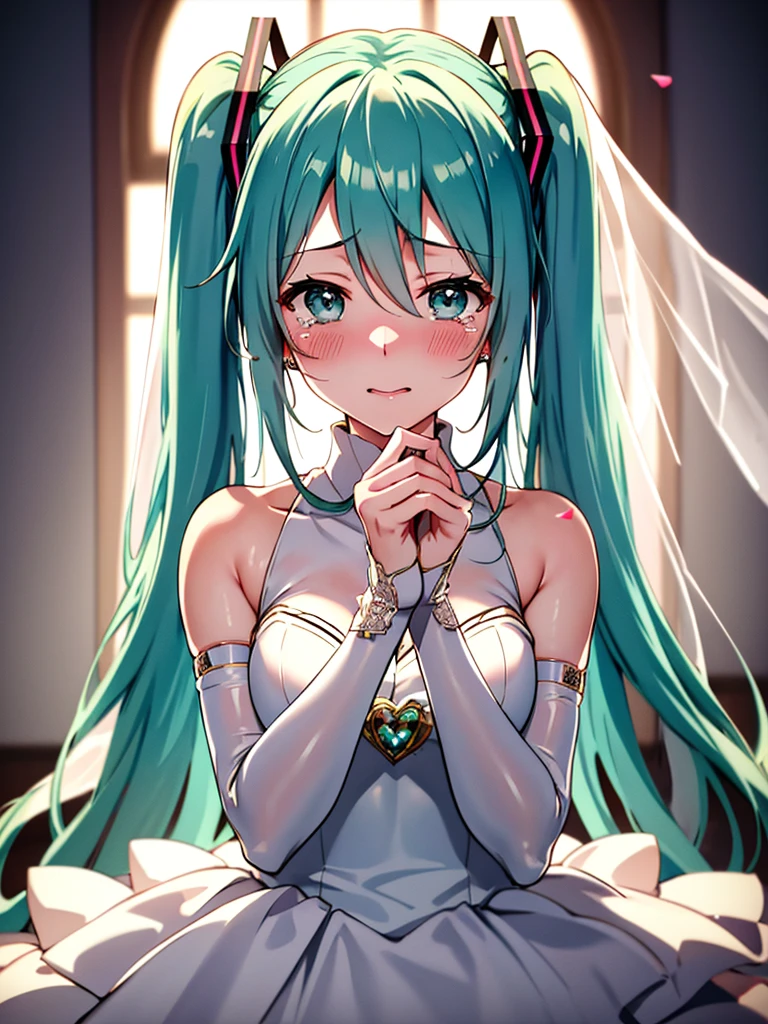 Hatsune Miku、blush、large tears、tears of joy、wedding dress, bridal gauntlets, bridal veil, wedding ring, UHD, retina, masterpiece, ccurate, anatomically correct, textured skin, super detail, high details, high quality, best quality, highres, 4K