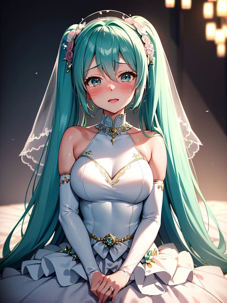 Hatsune Miku、blush、large tears、tears of joy、wedding dress, bridal gauntlets, bridal veil, wedding ring, UHD, retina, masterpiece, ccurate, anatomically correct, textured skin, super detail, high details, high quality, best quality, highres, 4K