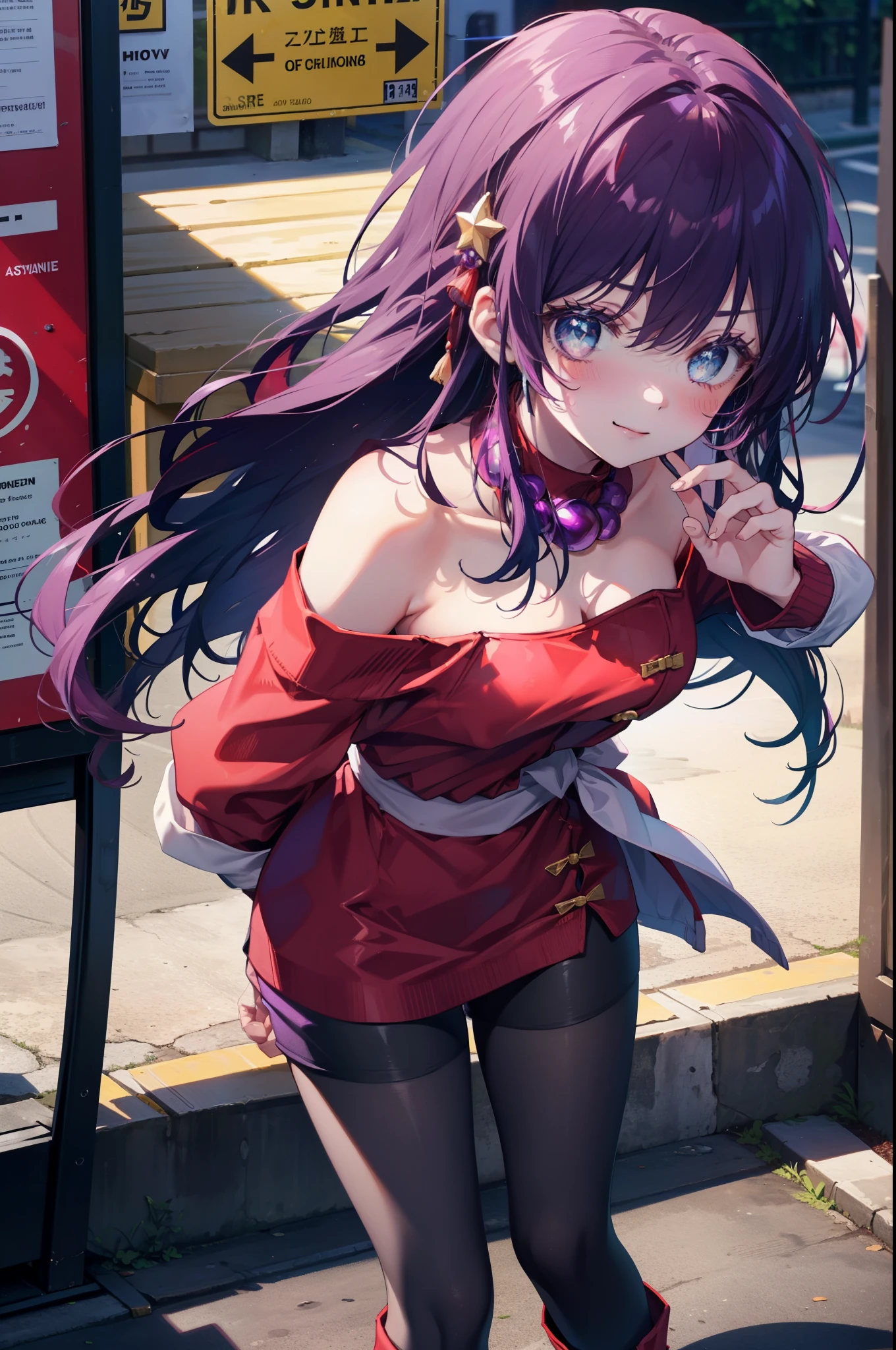 Athena Asamiya, they don&#39;t stop, long hair, hair ornaments, (purple eyes:1.1), purple hair, hair band, star \(symbol\), star hair ornaments, smile,blush,red hair band,off shoulder sweater,bare shoulders,bare clavicle,naked neck,shorts,black pantyhose,short boots,
break outdoors,Chinese style streetscape,
break cowboy shot, looking at the viewer,
break (masterpiece:1.2), highest quality, High resolution, unity 8k wallpaper, (figure:0.8), (detailed and beautiful eyes:1.6), highly detailed face, perfect lighting, Very detailed CG, (perfect hands, perfect anatomy),