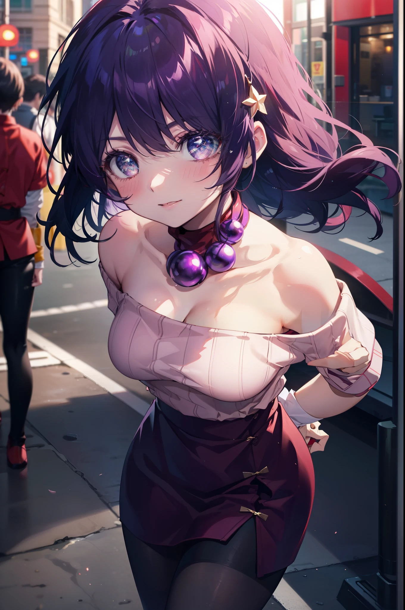 Athena Asamiya, they don&#39;t stop, long hair, hair ornaments, (purple eyes:1.1), purple hair, hair band, star \(symbol\), star hair ornaments, smile,blush,red hair band,off shoulder sweater,bare shoulders,bare clavicle,naked neck,shorts,black pantyhose,short boots,
break outdoors,Chinese style streetscape,
break cowboy shot, looking at the viewer,
break (masterpiece:1.2), highest quality, High resolution, unity 8k wallpaper, (figure:0.8), (detailed and beautiful eyes:1.6), highly detailed face, perfect lighting, Very detailed CG, (perfect hands, perfect anatomy),