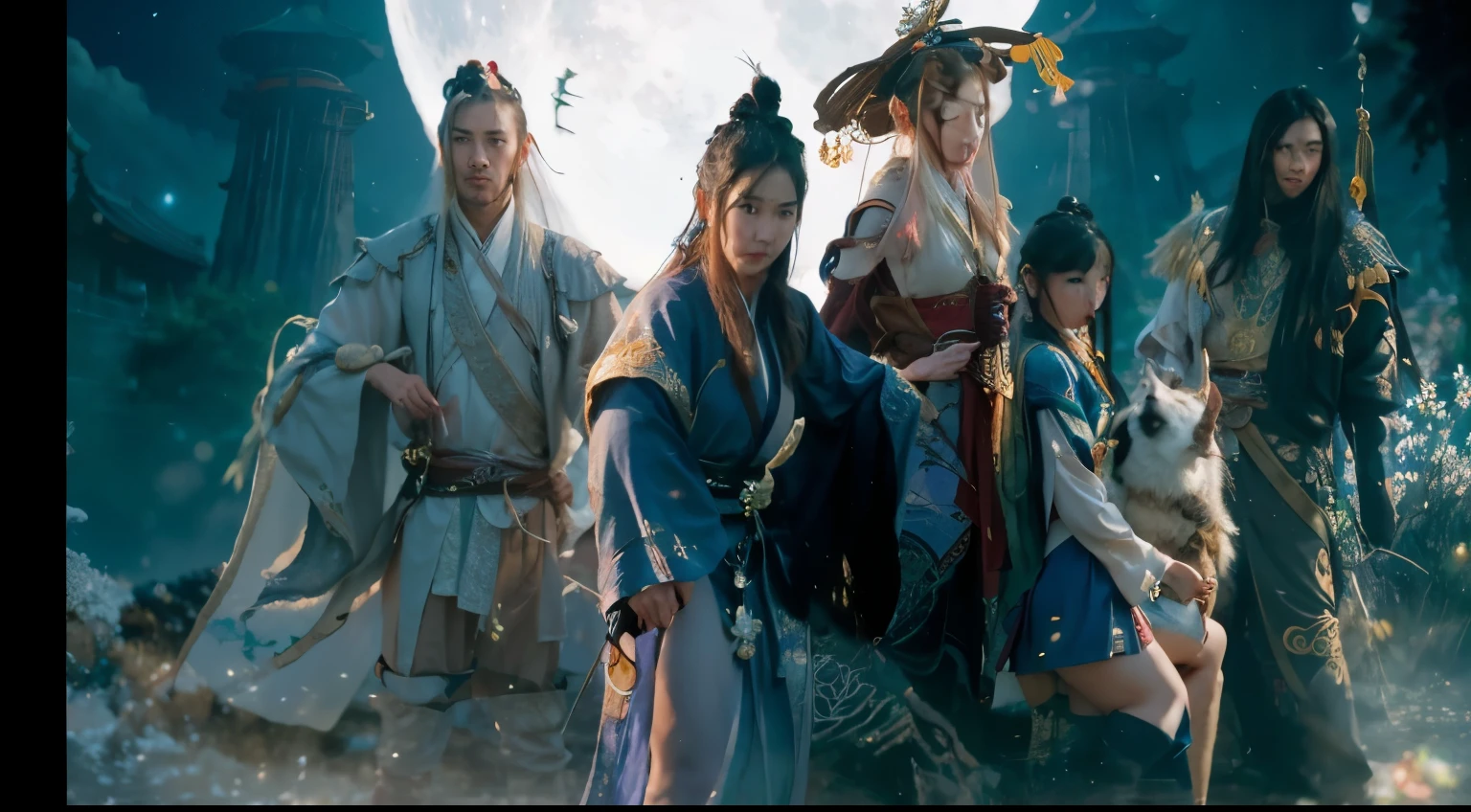 there are many people that are standing in front of a full moon, full body wuxia, artwork in the style of guweiz, wuxia, chinese fantasy, xianxia fantasy, key art, guweiz, by Yang J, 4 k manga wallpaper, guweiz masterpiece, portrait shot