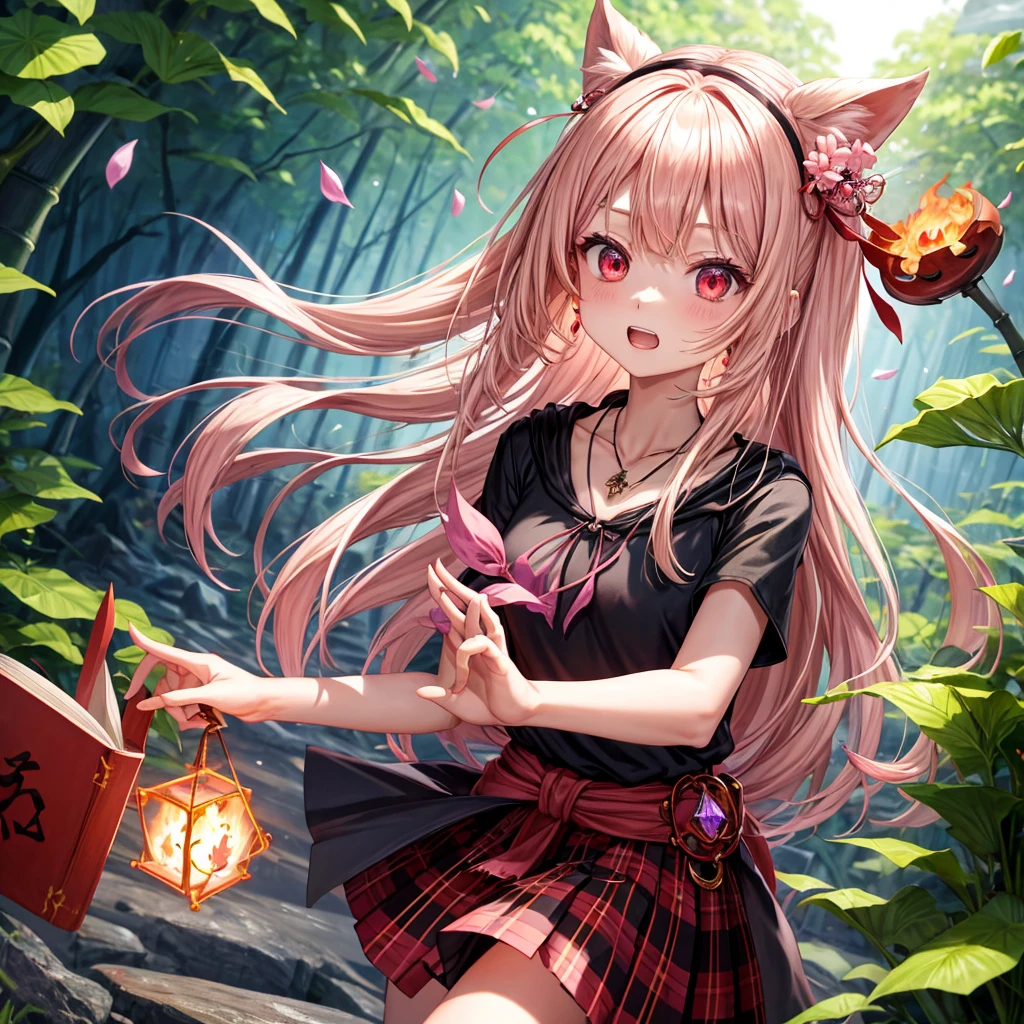 pink blonde、red eyes、one good looking girl、solo、anime、plaid mini skirt、black camisole、black t-shirt、dress、wearing a ribbon、ribbon at waist、cloak、hood、stone slabs are piled up、crystal earrings、jewelry necklace、Light and shadow、walking、clock、universe、vine plant、petal、tilting one's face、teeth are visible、fire spirit、book of magic、Cube、bamboo forest、lava、Plum blossom