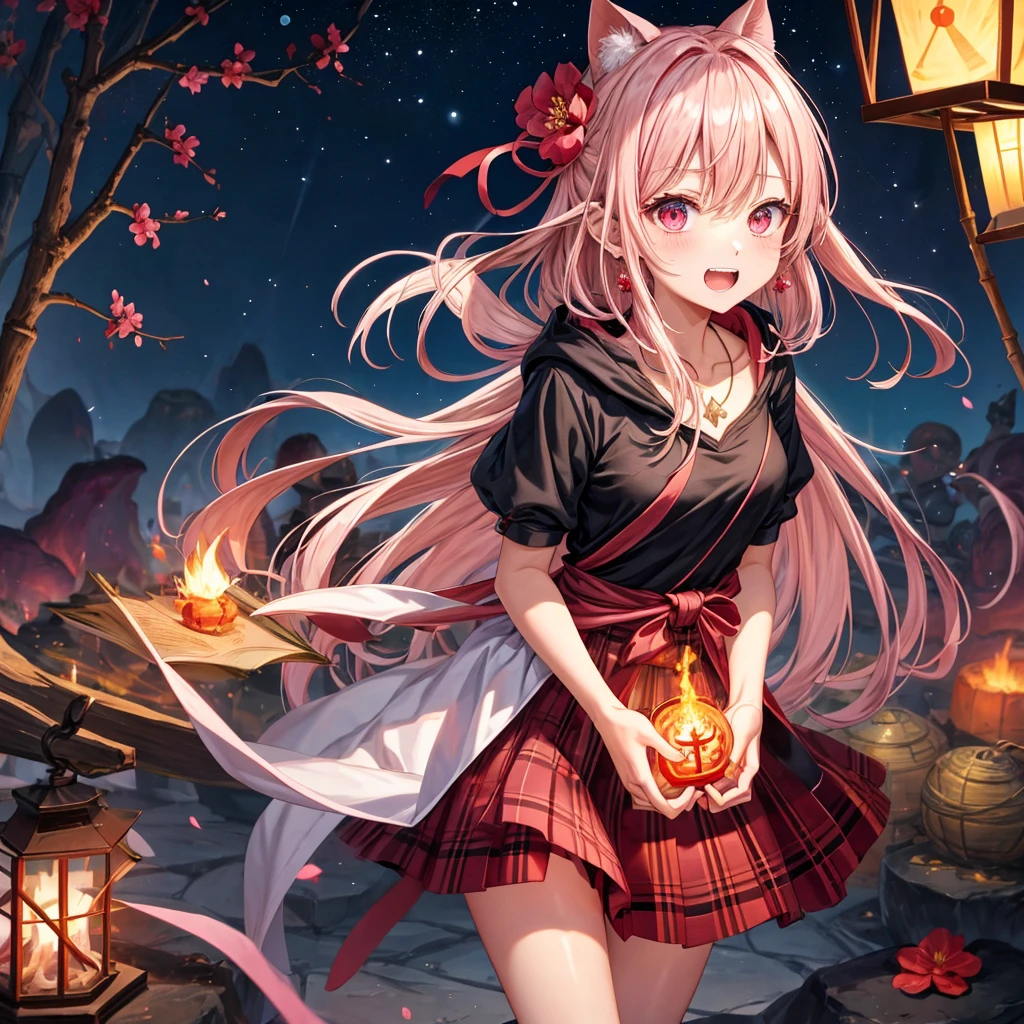 pink blonde、red eyes、one good looking girl、solo、anime、plaid mini skirt、black camisole、black t-shirt、dress、wearing a ribbon、ribbon at waist、cloak、hood、stone slabs are piled up、crystal earrings、jewelry necklace、Light and shadow、walking、clock、universe、vine plant、petal、tilting one's face、teeth are visible、fire spirit、book of magic、Cube、bamboo forest、lava、Plum blossom