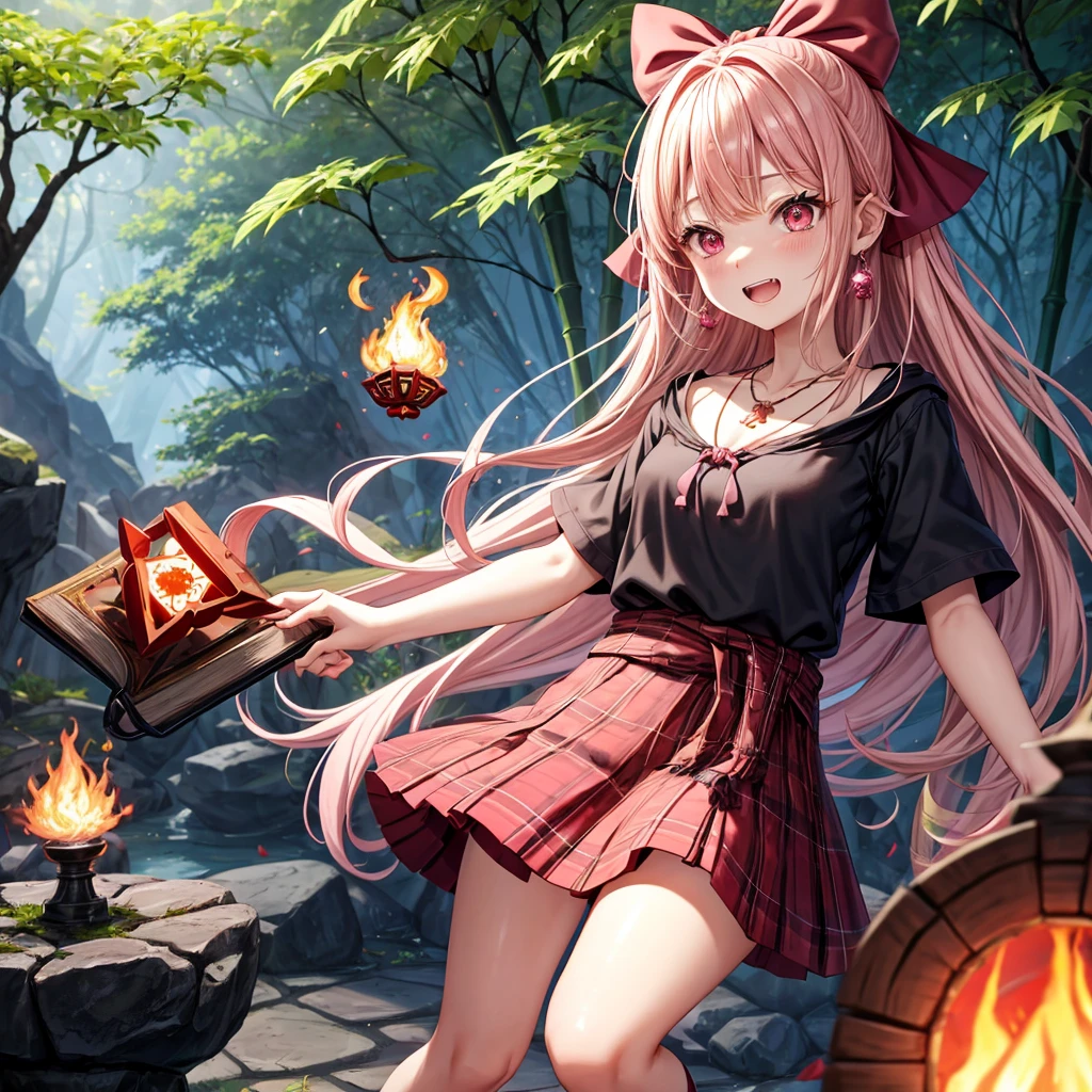 pink blonde、red eyes、one good looking girl、solo、anime、plaid mini skirt、black camisole、black t-shirt、dress、wearing a ribbon、ribbon at waist、cloak、hood、stone slabs are piled up、crystal earrings、jewelry necklace、Light and shadow、walking、clock、universe、vine plant、petal、tilting one's face、teeth are visible、fire spirit、book of magic、Cube、bamboo forest、lava、Plum blossom
