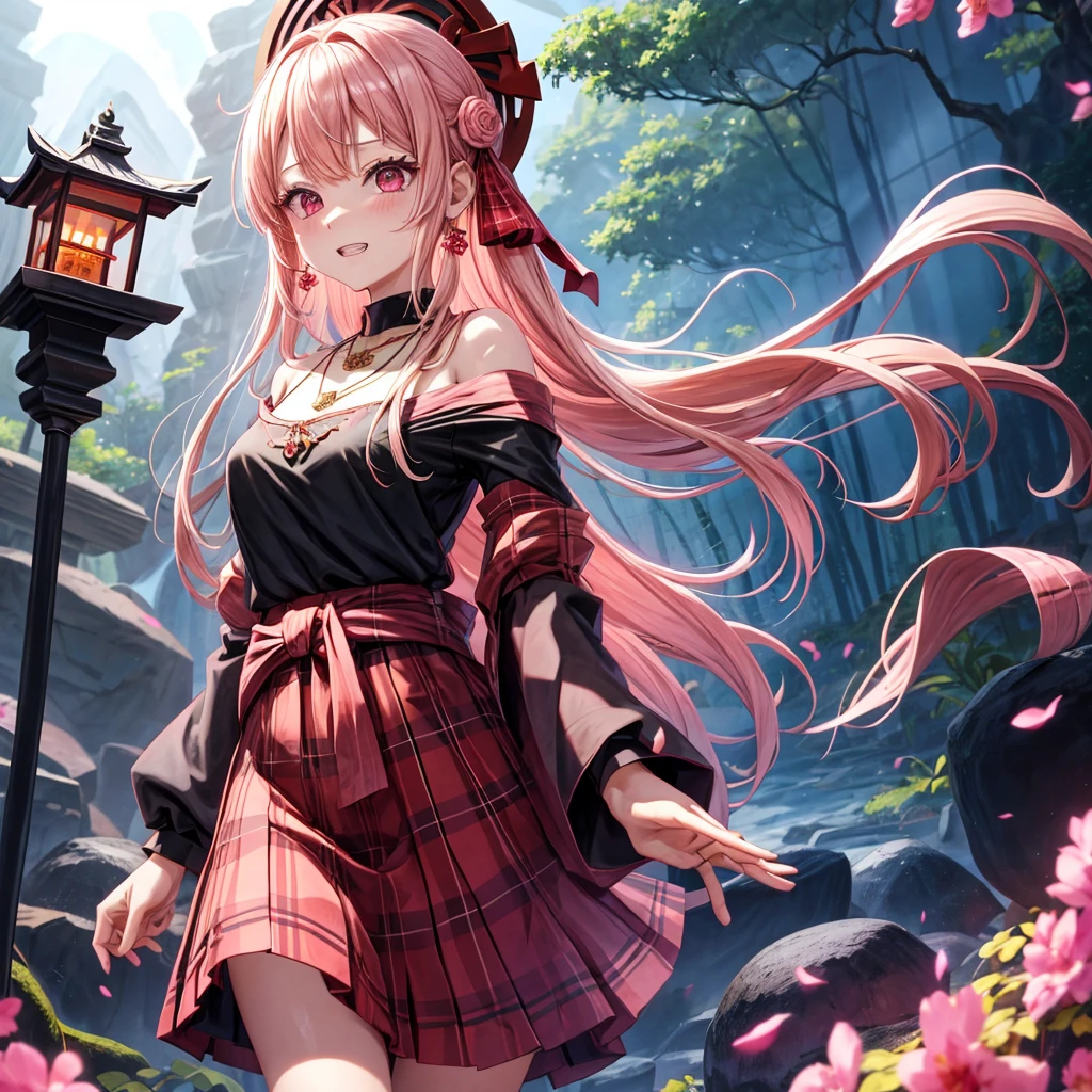 pink blonde、red eyes、one good looking girl、solo、anime、plaid mini skirt、black camisole、black t-shirt、dress、wearing a ribbon、ribbon at waist、cloak、hood、stone slabs are piled up、crystal earrings、jewelry necklace、Light and shadow、walking、clock、universe、vine plant、petal、tilting one&#39;s face、teeth are visible、fire spirit、book of magic、Cube、bamboo forest、lava、Plum blossom