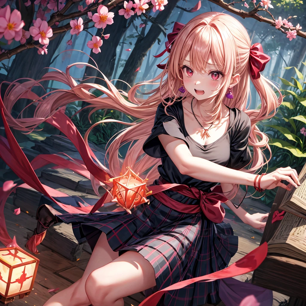 pink blonde、red eyes、one good looking girl、solo、anime、plaid mini skirt、black camisole、black t-shirt、dress、wearing a ribbon、ribbon at waist、cloak、hood、stone slabs are piled up、crystal earrings、jewelry necklace、Light and shadow、walking、clock、universe、vine plant、petal、tilting one's face、teeth are visible、fire spirit、book of magic、Cube、bamboo forest、lava、Plum blossom