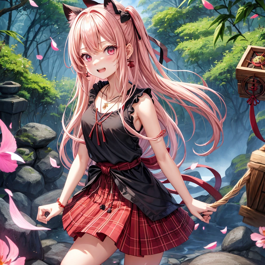 pink blonde、red eyes、one good looking girl、solo、anime、plaid mini skirt、black camisole、black t-shirt、dress、wearing a ribbon、ribbon at waist、cloak、hood、stone slabs are piled up、crystal earrings、jewelry necklace、Light and shadow、walking、clock、universe、vine plant、petal、tilting one's face、teeth are visible、fire spirit、book of magic、Cube、bamboo forest、lava、Plum blossom