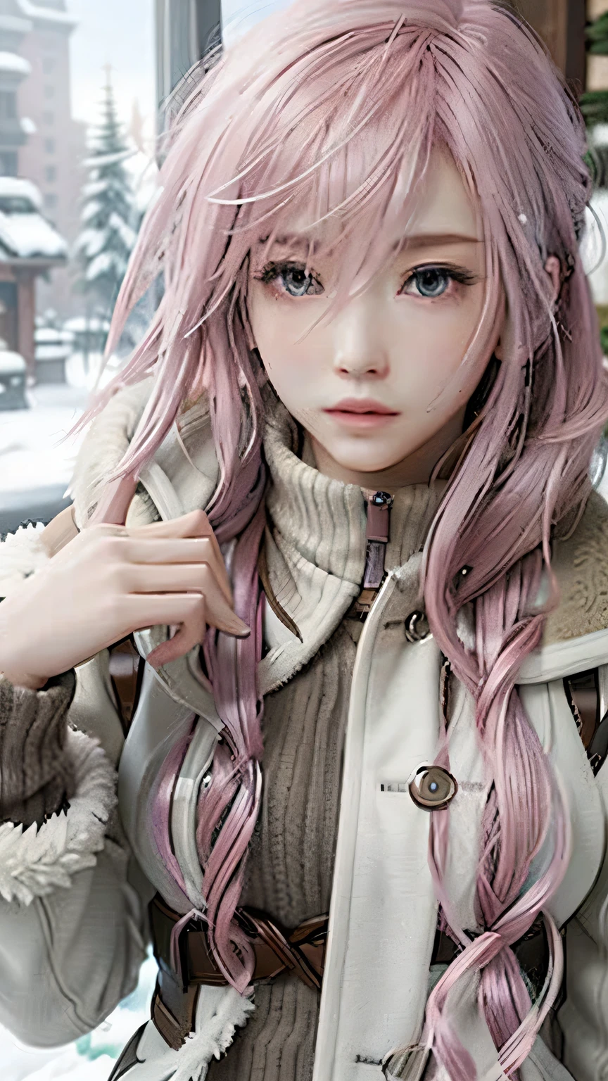 (masterpiece, highest quality:1.3)
 1 girl, alone, long hair, pink hair、snow country、Warm and warm、Winter clothes
