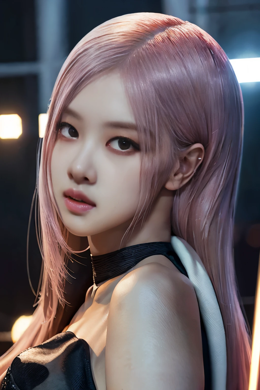 Rose from blackpink, all body picture, pink hair, (full body), shocked pose, standing in casual clothes ,realistic posing, studio lighting, vivid colors, ultra-fine painting, professional,full length, Drenched hair, (masterpiece, best quality, award winning, highres), skinny, intricate and beautiful design, highly detailed beautiful face, super detailed beautiful eyes, light smile, windy, sun lights, fantasy art, dynamic lighting, cinematic lighting, hyper realistic, extremely CG detail, octane render, (artistic + masterpiece:1.4), (incredibly detailed eyes), (8k, Photorealistic, Photo RAW, Best quality: 1.4), (UHD), (Ultra high realism), (Ultra high definition), (Ultra high detail), (Realistic face), Beautiful hairstyle, Realistic bright amber eyes, Beautiful details, (Realistic skin), Pale, smooth and luminous skin with iridescent shine and no imperfections, Ultra high definition, Ultra realistic, Highly detailed