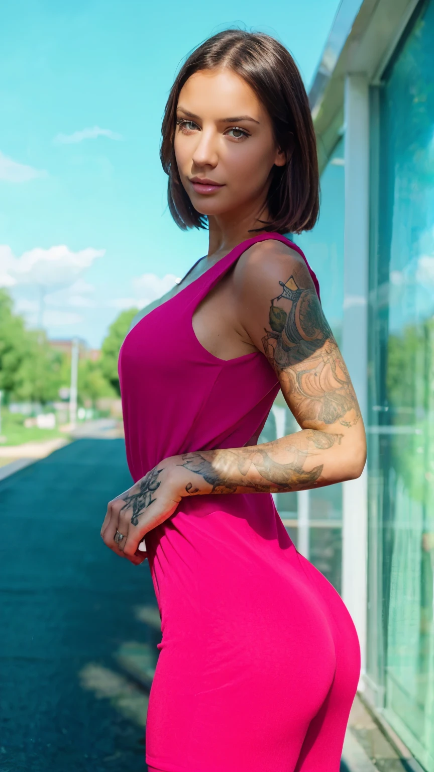 Hyper realistic and detailed full body photo of tattooed finnish beautiful woman looks directly at the camera. wearing a tight summer dress. sun is shining. Perfect butt. Sharp light. perfect eyes, (Eye makeup:1.1), (highly detailed skin:1.1), RAW, analog style, sharp focus, 8k UHD, DSLR, high quality, Fujifilm XT3, grain, award winning, masterpiece.