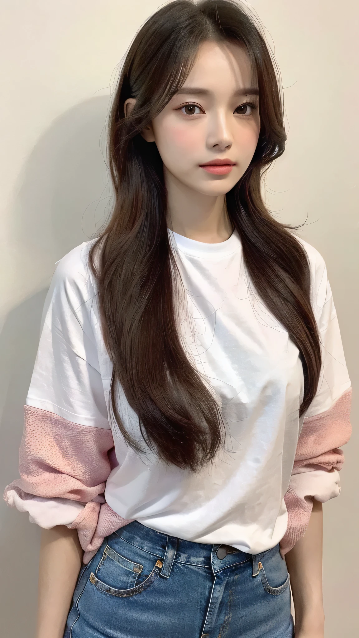 (lifelike, High resolution:1.3), 1 girl with perfect figure, The face shape and eyes are super delicate,long hair, stylish T-shirt:1.2, Short jeans,pink patterned clothes