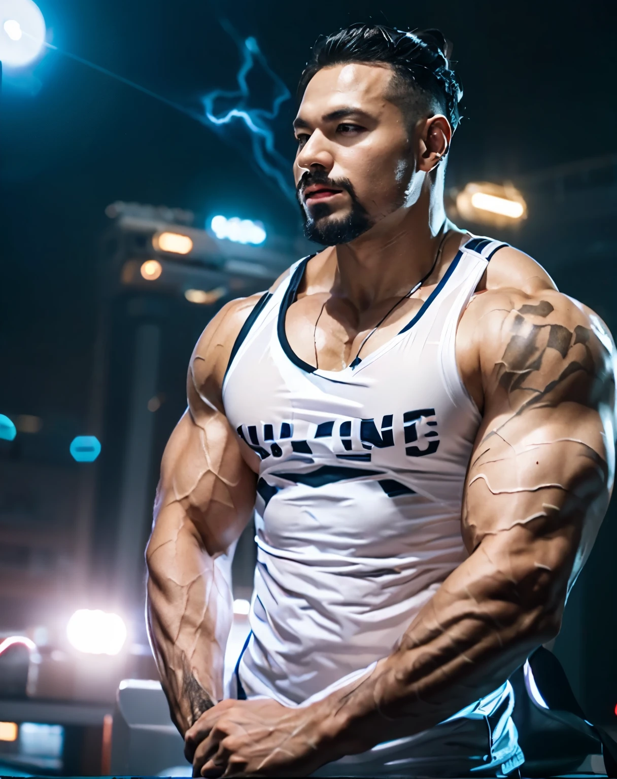 Elegant Chinese strong man, Strong physique, White robe, White Arabic pants, Light blue noble shirt, White boots, Messy light blue hair, A satisfied expression, Short hair, dark strong blue eye, Noble appearance, Armed with a silver spear, Ancient castle, medieval environment.short detailed hair,Short beard perfect figure with tattoos, Very huge and strong body, Bulging muscles, musculous, Very large pectoral muscles,Very sexy abs,The legs are muscular,Tall and mighty,Exposed Body,Tall and burly,toned figure,Huge genital bulging area,Brightens oily skin,Muscular。