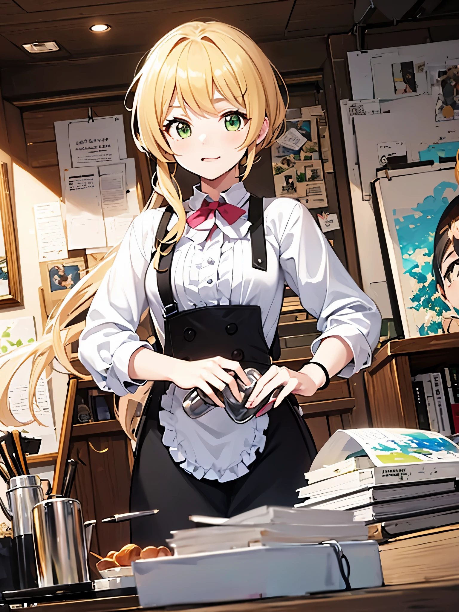 anime style, Ellen Baker, beautiful, green eyes, blonde hair, apron, Art room, painting model, flask, (masterpiece:1.2), (lively:1.2), very detailed, perfect art, Art Classes