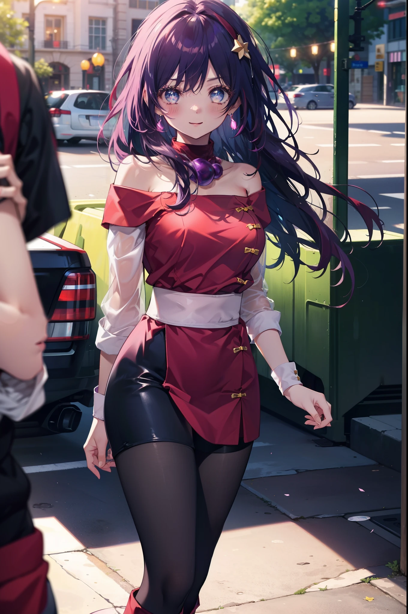 Athena Asamiya, they don&#39;t stop, long hair, hair ornaments, (purple eyes:1.1), purple hair, hair band, star \(symbol\), star hair ornaments, smile,blush,red hair band,off shoulder sweater,bare shoulders,bare clavicle,naked neck,shorts,black pantyhose,short boots,
break outdoors,Chinese style streetscape,
break cowboy shot, looking at the viewer,
break (masterpiece:1.2), highest quality, High resolution, unity 8k wallpaper, (figure:0.8), (detailed and beautiful eyes:1.6), highly detailed face, perfect lighting, Very detailed CG, (perfect hands, perfect anatomy),