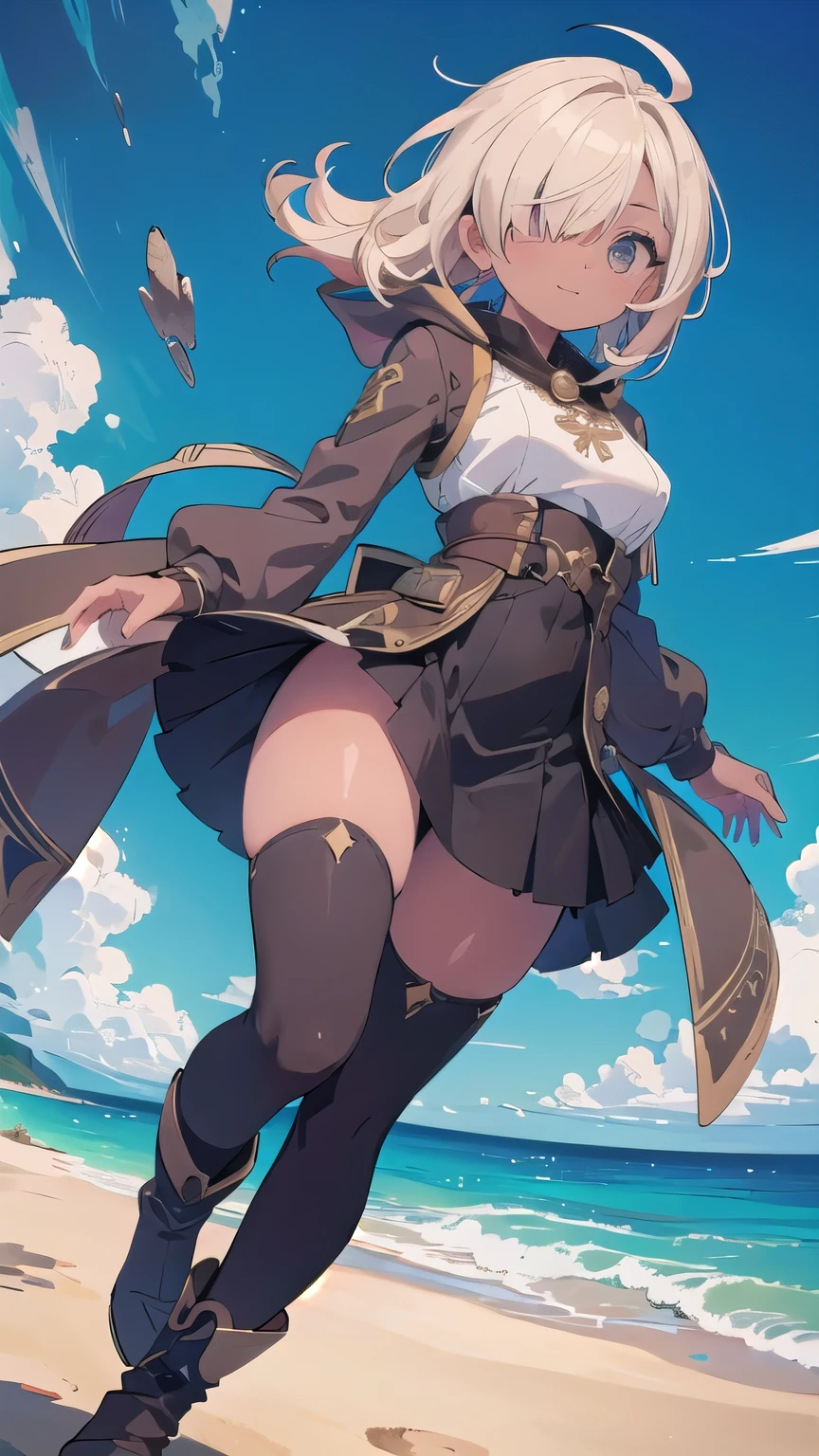 (masterpiece:1.2), (highest quality:1.2), perfect eyes, perfect face, perfect lighting, middle ages, sandy beach, 1 boy,blonde red eye, ((((((hair over one eye)))))), Braid Styles, spiked hair, blunt bangs, bob hair, a braid, Ahoge, (wizard), cute eyes, medium breast, ((from above)), ((front)), ((from below)), arms behind back, smile+happy, fang, (((brown skin))), Thighhighs, greaves, boots, big breasts, dynamic pose