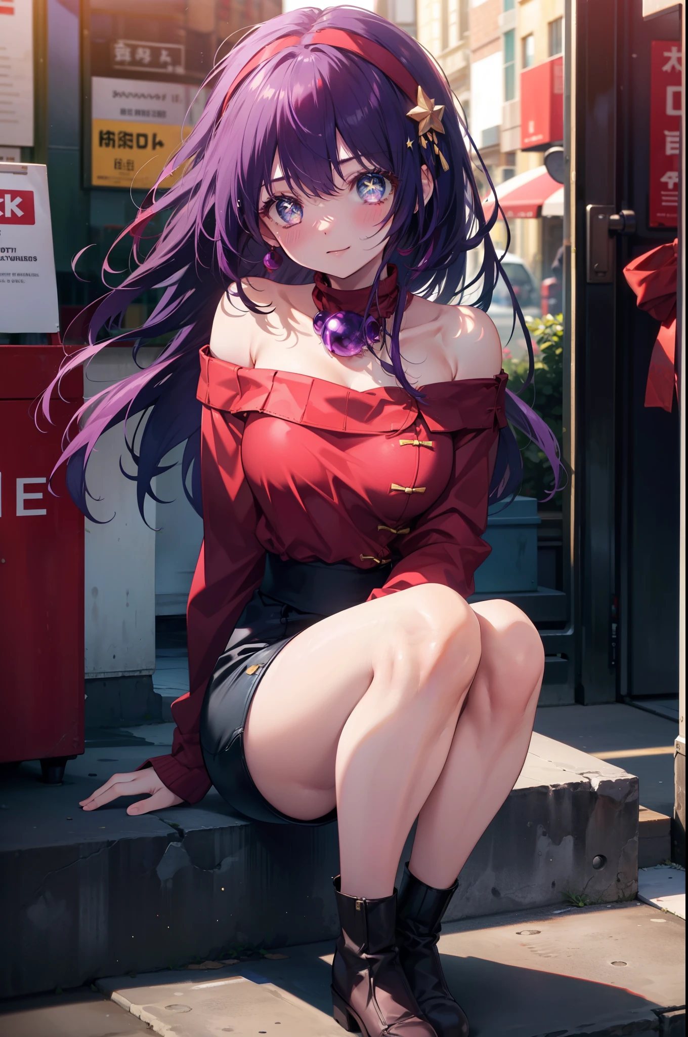 Athena Asamiya, they don&#39;t stop, long hair, hair ornaments, (purple eyes:1.1), purple hair, hair band, star \(symbol\), star hair ornaments, smile,blush,red hair band,off shoulder sweater,bare shoulders,bare clavicle,naked neck,shorts,black pantyhose,short boots,
break outdoors,Chinese style streetscape,
break cowboy shot, looking at the viewer,
break (masterpiece:1.2), highest quality, High resolution, unity 8k wallpaper, (figure:0.8), (detailed and beautiful eyes:1.6), highly detailed face, perfect lighting, Very detailed CG, (perfect hands, perfect anatomy),