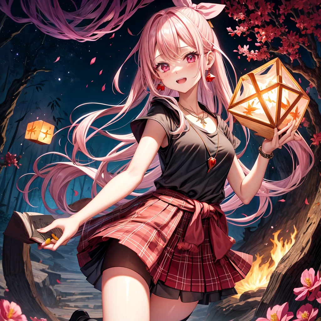 pink blonde、red eyes、one good looking girl、solo、anime、plaid mini skirt、black camisole、black t-shirt、dress、wearing a ribbon、ribbon at waist、cloak、hood、stone slabs are piled up、crystal earrings、jewelry necklace、Light and shadow、walking、clock、universe、vine plant、petal、tilting one&#39;s face、teeth are visible、fire spirit、book of magic、Cube、bamboo forest、lava、Plum blossom