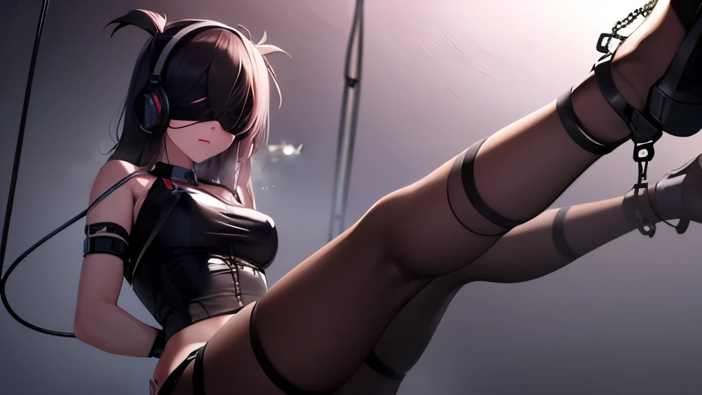submissive female with fold and headphone be restrained, alone in the dark