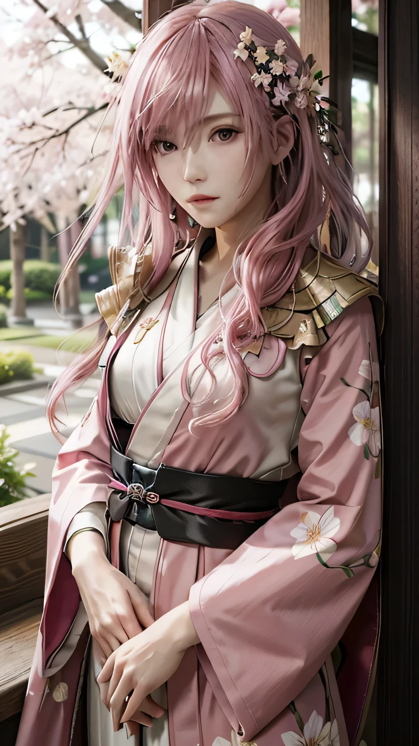 (masterpiece, highest quality:1.3)
1 girl, alone, long hair, pink hair、Beautiful red kimono、Cherry tree in full bloom、garden