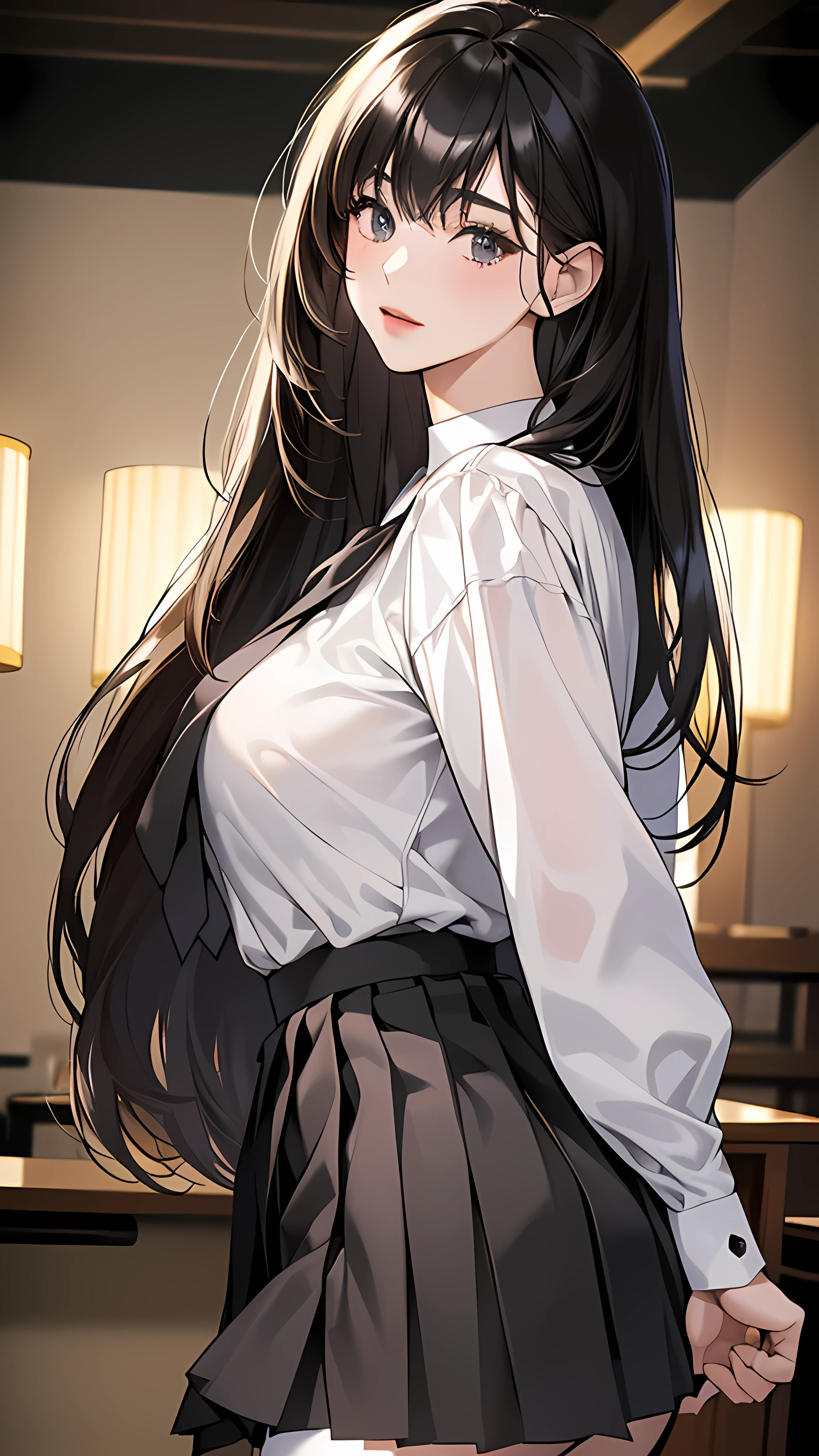  ((best quality)), ((masterpiece)), (detailed), (natural side lighting, movie lighting), 
((carry the audience on their backs)), whole body, 1 girl, ((Japanese)), Perfect body, shiny skin, long hair flying,
black hair, ((Slender legs)), slender fingers, big breasts, 
((white collar shirt, Black pleated mini skirt, dark stockings)) , 
indoor, Japanese style room, Sexy,