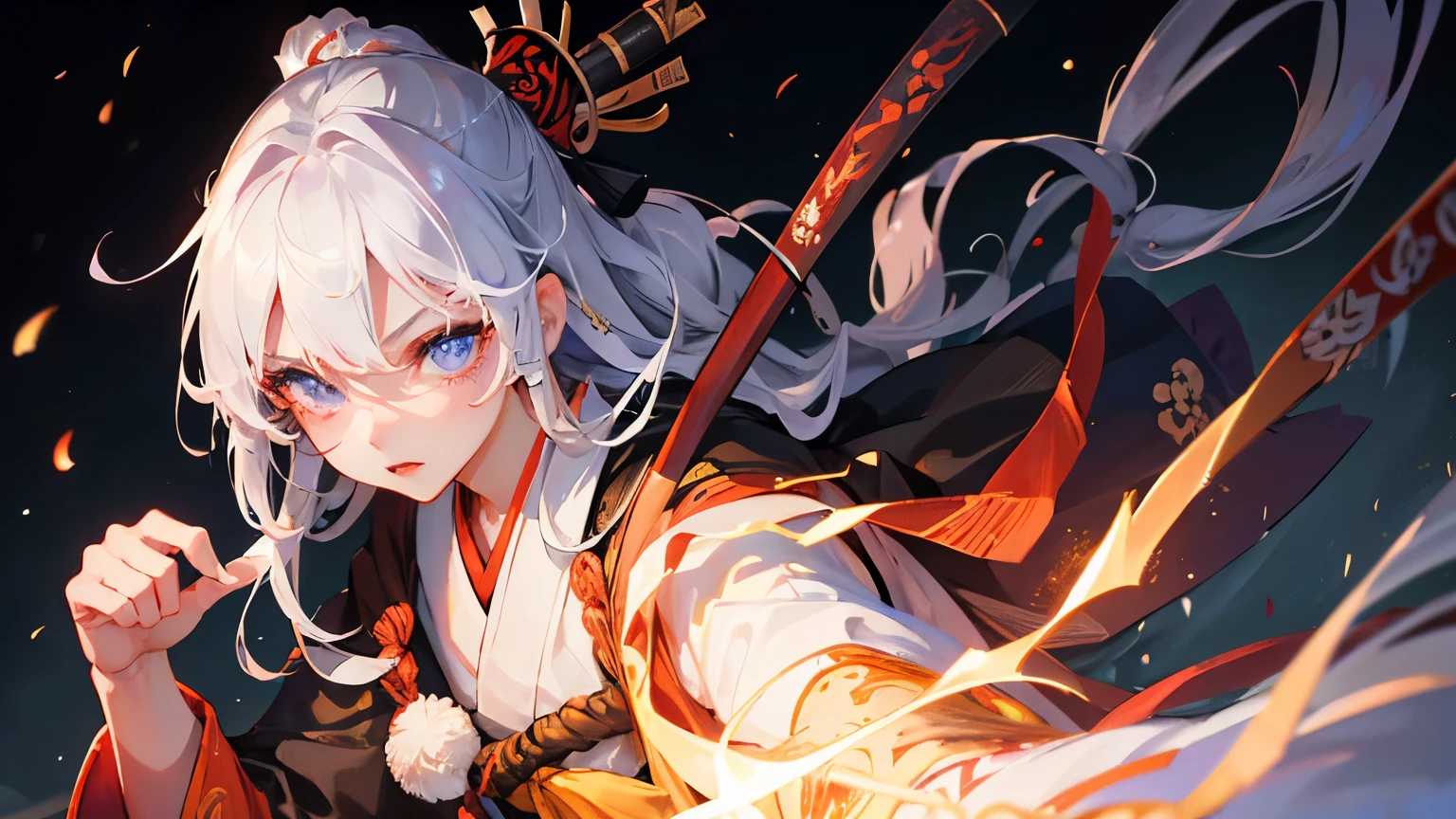(highest quality,Super detailed,realistic:1.37)、Japan Onmyoji attacks with flame magic、18 year old female、(clear eyes:1.5)、aggressive look、Fashionable white hakama、(Black Eboshi:1.5)、Radiates flames from the palm of your hand、pentagram、full body