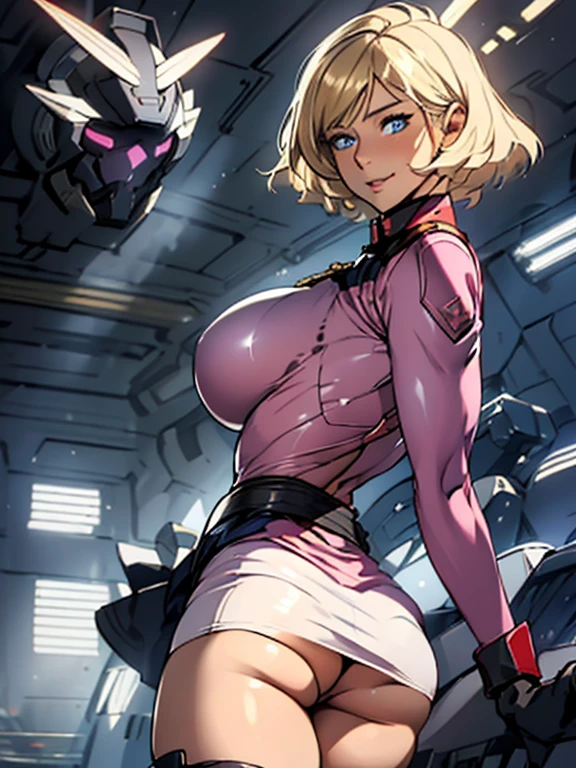 ((a 25yo girl), Sayla Mass, elegant), bending waist,whole body、see the beholder, young woman,bright smile、shy、blush、expression of ecstasy、erotic、charming、Charm、bob short、bangs、shiny blonde hair、blue eyes、long, well-shaped eyelashes、perfect eyes、Slender eyes、glossy pale pink lips、(Plump slender body of a young woman、plump body:1.3、shiny skin、Beautiful big breasts:1.1、thin waist、Beautiful butt、Thick thighs、beautiful long legs)、perfect arms、perfect hands、perfect fingers、perfect body shape、perfect anatomy、(Army pink uniform dress with short super uper miniskirt You can see the pants in the miniskirt), cameltoe, lilac lace shorts、Bright red long boots), steam、steam、sexy genital pose gesture、cheeky pose、(putting fingertips on lips),(with sparkling eyes and a contagious smile),nsfw, From Above、cowboy shot, no gravity, figure, Bright colors, Practical Light, (background is blurred:0.8)、highest quality, disorganized, good quality、Realistic, ultra high resolution, masterpiece、HDR、UHD、8k
