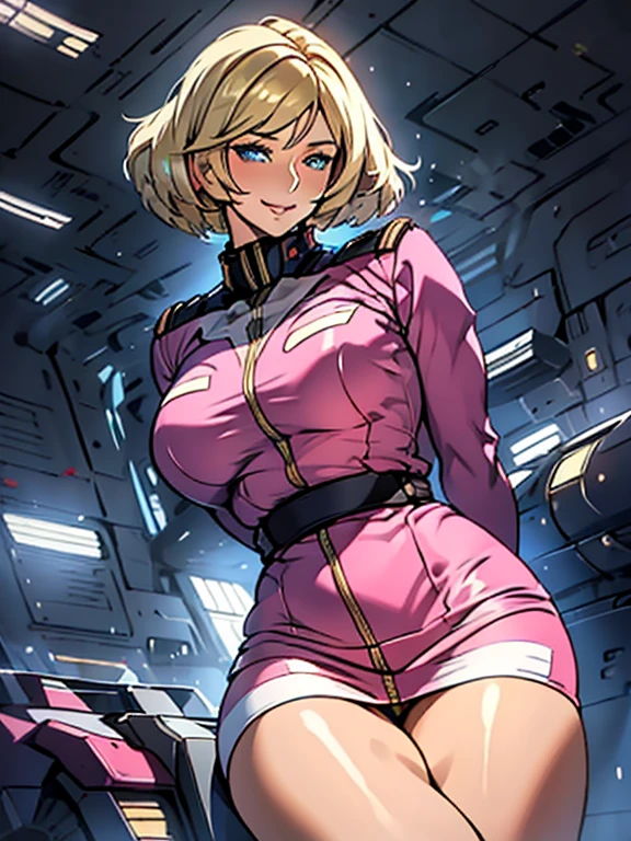 ((a 25yo girl), Sayla Mass, elegant), bending waist,whole body、see the beholder, young woman,bright smile、shy、blush、expression of ecstasy、erotic、charming、Charm、bob short、bangs、shiny blonde hair、blue eyes、long, well-shaped eyelashes、perfect eyes、Slender eyes、glossy pale pink lips、(Plump slender body of a young woman、plump body:1.3、shiny skin、Beautiful big breasts:1.1、thin waist、Beautiful butt、Thick thighs、beautiful long legs)、perfect arms、perfect hands、perfect fingers、perfect body shape、perfect anatomy、(Army pink uniform dress with short super uper miniskirt You can see the pants in the miniskirt), cameltoe, lilac lace shorts、Bright red long boots), steam、steam、sexy genital pose gesture、cheeky pose、(putting fingertips on lips),(with sparkling eyes and a contagious smile),nsfw, From Above、cowboy shot, no gravity, figure, Bright colors, Practical Light, (background is blurred:0.8)、highest quality, disorganized, good quality、Realistic, ultra high resolution, masterpiece、HDR、UHD、8k