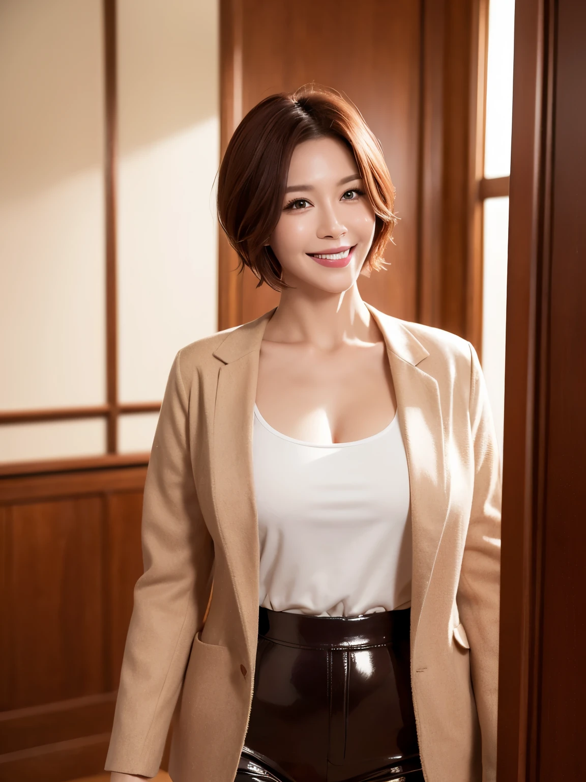 masterpiece,highest quality, (1 milf、38 years old), ((close:0.5)), glare, wool jacket,genuine leather pants、 white shirt, double eyelid, eyelash, lip gloss, (smile:1), ((close your eyes:0.85)), ((looking at the viewer、The whole body is reflected、Are standing)), to be born, (From above:0.2), ((no one)), (office)、Depth of written boundary、尖ったred mouth、(reddish brown wet shiny short hair,,,,,,,,,),red mouth,clavicle、full body portrait、digital illustration, (Photoreal:1.3),(Raw photo.)