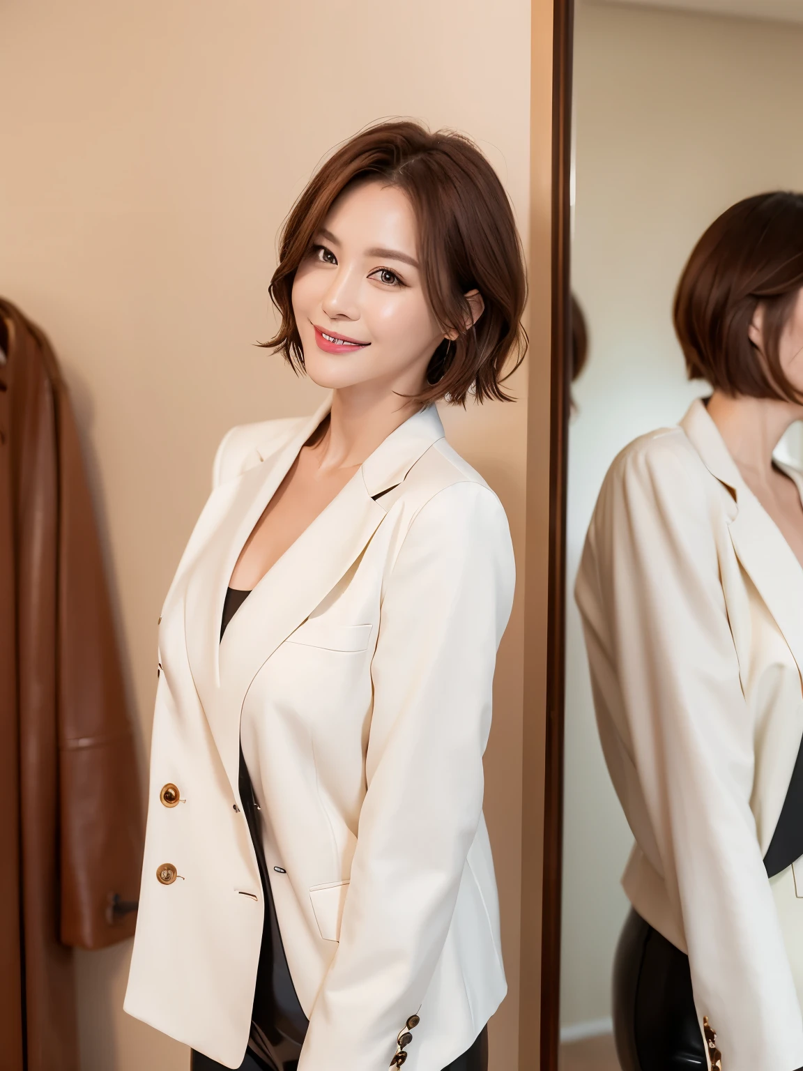 masterpiece,highest quality, (1 milf、38 years old), ((close:0.5)), glare, wool jacket,genuine leather pants、 white shirt, double eyelid, eyelash, lip gloss, (smile:1), ((close your eyes:0.85)), ((looking at the viewer、The whole body is reflected、Are standing)), to be born, (From above:0.2), ((no one)), (office)、Depth of written boundary、尖ったred mouth、(reddish brown wet shiny short hair,,,,,,,,,),red mouth,clavicle、full body portrait、digital illustration, (Photoreal:1.3),(Raw photo.)