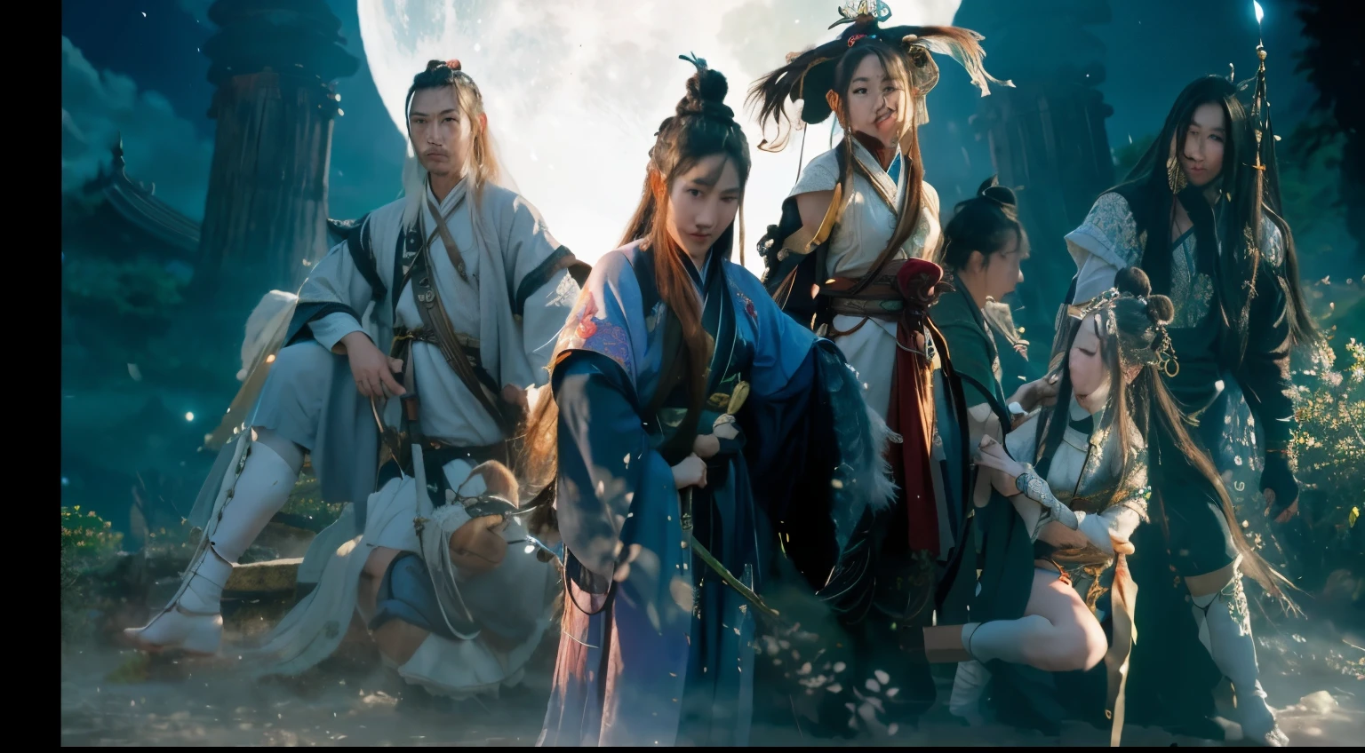 there are many people that are standing in front of a full moon, full body wuxia, artwork in the style of guweiz, wuxia, chinese fantasy, xianxia fantasy, key art, guweiz, by Yang J, 4 k manga wallpaper, guweiz masterpiece, portrait shot