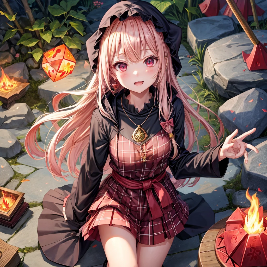 pink blonde、red eyes、one good looking girl、solo、anime、plaid mini skirt、black camisole、black t-shirt、dress、wearing a ribbon、ribbon at waist、cloak、hood、stone slabs are piled up、crystal earrings、jewelry necklace、Light and shadow、walking、clock、universe、vine plant、petal、tilting one&#39;s face、teeth are visible、fire spirit、book of magic、Cube、bamboo forest、lava、Plum blossom