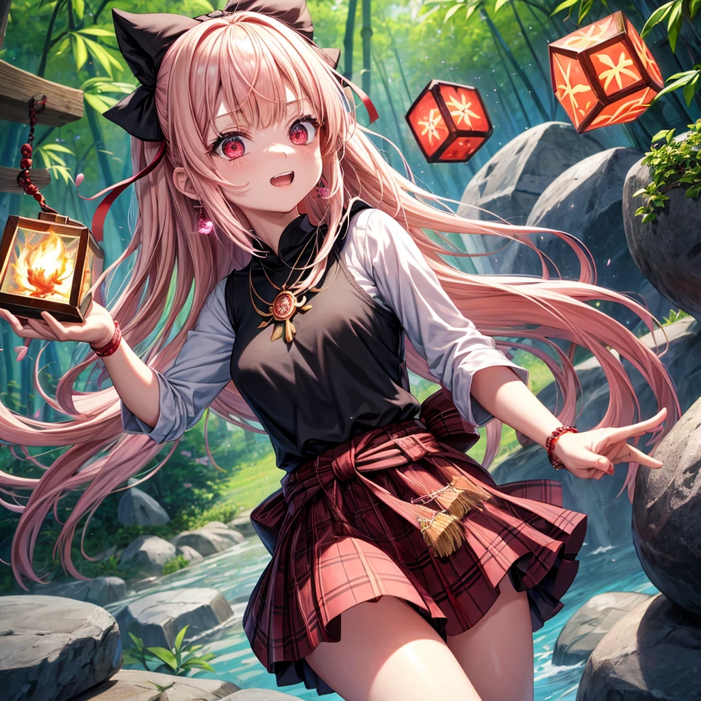 pink blonde、red eyes、one good looking girl、solo、anime、plaid mini skirt、black camisole、black t-shirt、dress、wearing a ribbon、ribbon at waist、cloak、hood、stone slabs are piled up、crystal earrings、jewelry necklace、Light and shadow、walking、clock、universe、vine plant、petal、tilting one&#39;s face、teeth are visible、fire spirit、book of magic、Cube、bamboo forest、lava、Plum blossom