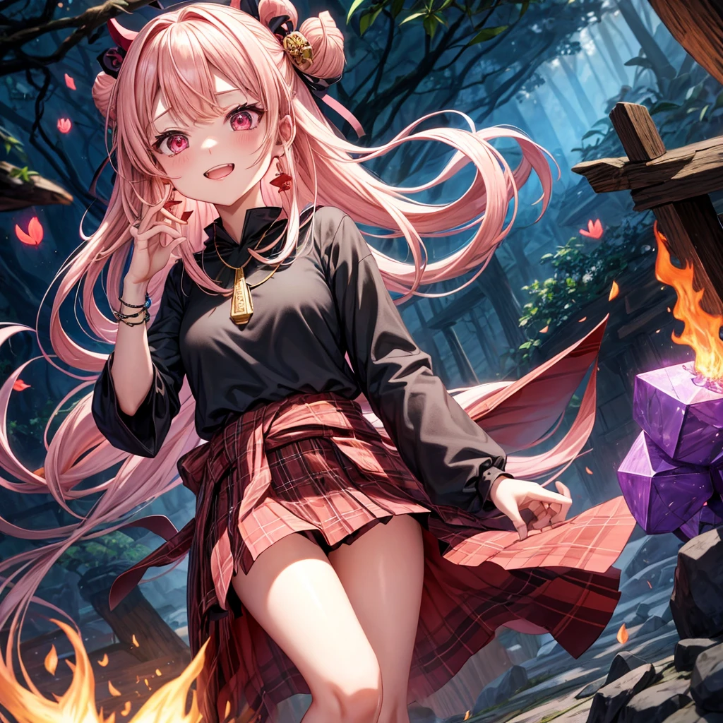 pink blonde、red eyes、one good looking girl、solo、anime、plaid mini skirt、black camisole、black t-shirt、dress、wearing a ribbon、ribbon at waist、cloak、hood、stone slabs are piled up、crystal earrings、jewelry necklace、Light and shadow、walking、clock、universe、vine plant、petal、tilting one's face、teeth are visible、fire spirit、book of magic、Cube、bamboo forest、lava、Plum blossom