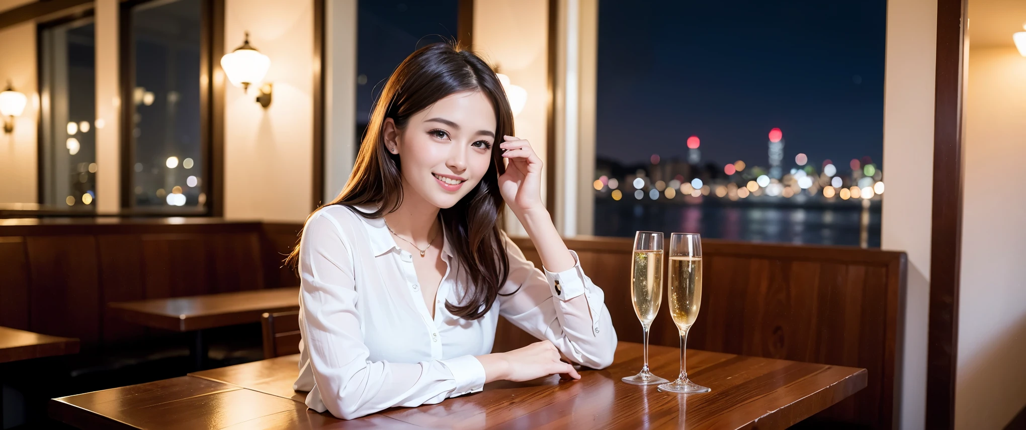 K, Hmm, highest quality, masterpiece: 1.2), (realistic, photorealistic: 1.37), Super detailed, 3 slim beauties, (slim face),Happy、 the best smile、Fox face、Berry Short、(because I&#39;thin), (brown hair), (shortcut), long sleeve shirt、winter fashion、Colombian、Brazilian、Japanese、Dutch、German、Portuguese、Belgian、Italian、French,Champagne、sparKling wine、 (gush out), (slim body), (brown hair), (shortcut), neat beauty、cheeKs turn a little red, (35 years old), 38 years old, alone, A beautiful and detailed night view spreads out outside the window...., restaurant, wine glass is sitting, At night, in a prominent place (from the Upper body) nova frog style, actress, model, Upper body, White wine, slim, wine glass, Very beautiful night view, wine glass Put in the Middle, Happy smile, (smile: 1.15), 