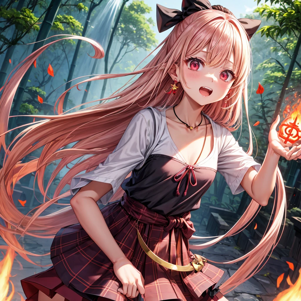 pink blonde、red eyes、one good looking girl、solo、anime、plaid mini skirt、black camisole、black t-shirt、dress、wearing a ribbon、ribbon at waist、cloak、hood、stone slabs are piled up、crystal earrings、jewelry necklace、Light and shadow、walking、clock、universe、vine plant、petal、tilting one's face、teeth are visible、fire spirit、book of magic、Cube、bamboo forest、lava、Plum blossom