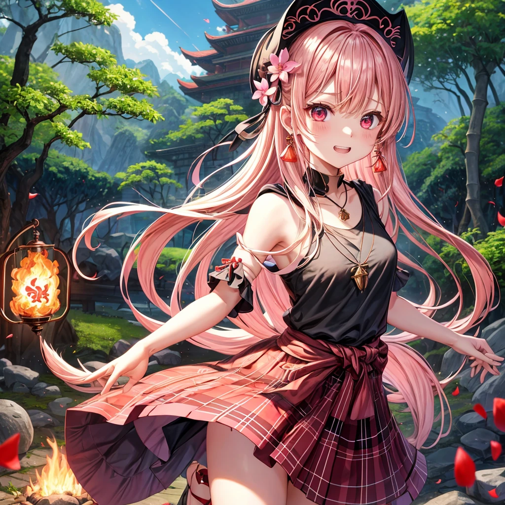 pink blonde、red eyes、one good looking girl、solo、anime、plaid mini skirt、black camisole、black t-shirt、dress、wearing a ribbon、ribbon at waist、cloak、hood、stone slabs are piled up、crystal earrings、jewelry necklace、Light and shadow、walking、clock、universe、vine plant、petal、tilting one's face、teeth are visible、fire spirit、book of magic、Cube、bamboo forest、lava、Plum blossom