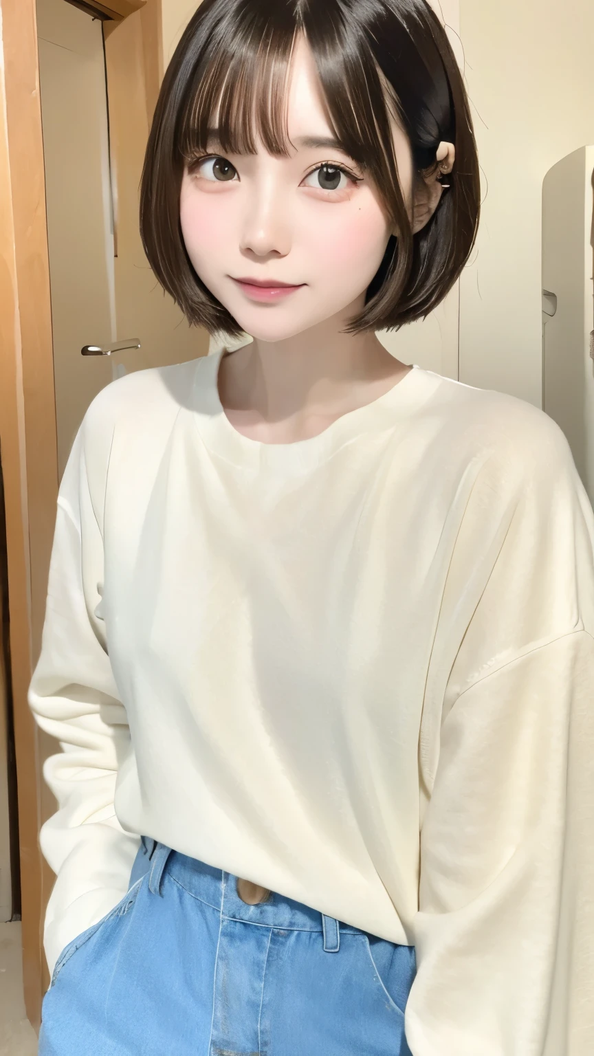 she has brown bob cut hair、cute smile、small eyes、lips are thin and small、