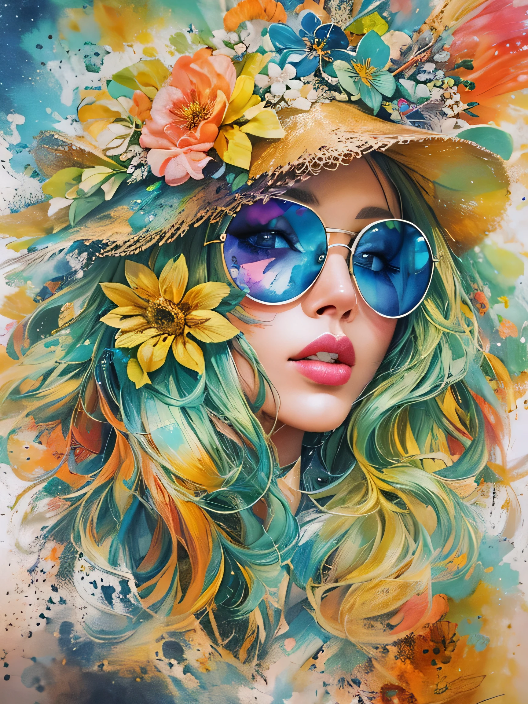 8K quality, Sylvia Pelissero watercolors, intense watercolor, watercolor detailed art, watercolor splash, surreal, avant-garde pop art, Beautiful and expressive paintings, Beautiful artwork illustration, very colorful tones, wonderful, cool beauty, highest quality,official art, vector art,stylish design, (((The strongest beautiful girl of all time))), (((Japanese)))、Idol、clear, Stylish sunglasses, Fashionable hats, (((highest quality))), bob hair, lips in love, HDR, ((Detailed details)), stylish fashion, detailed clothing texture, (((graffiti art))), colorful hair, ((masterpiece))、((Super detailed))、(((colorful flowers)))、