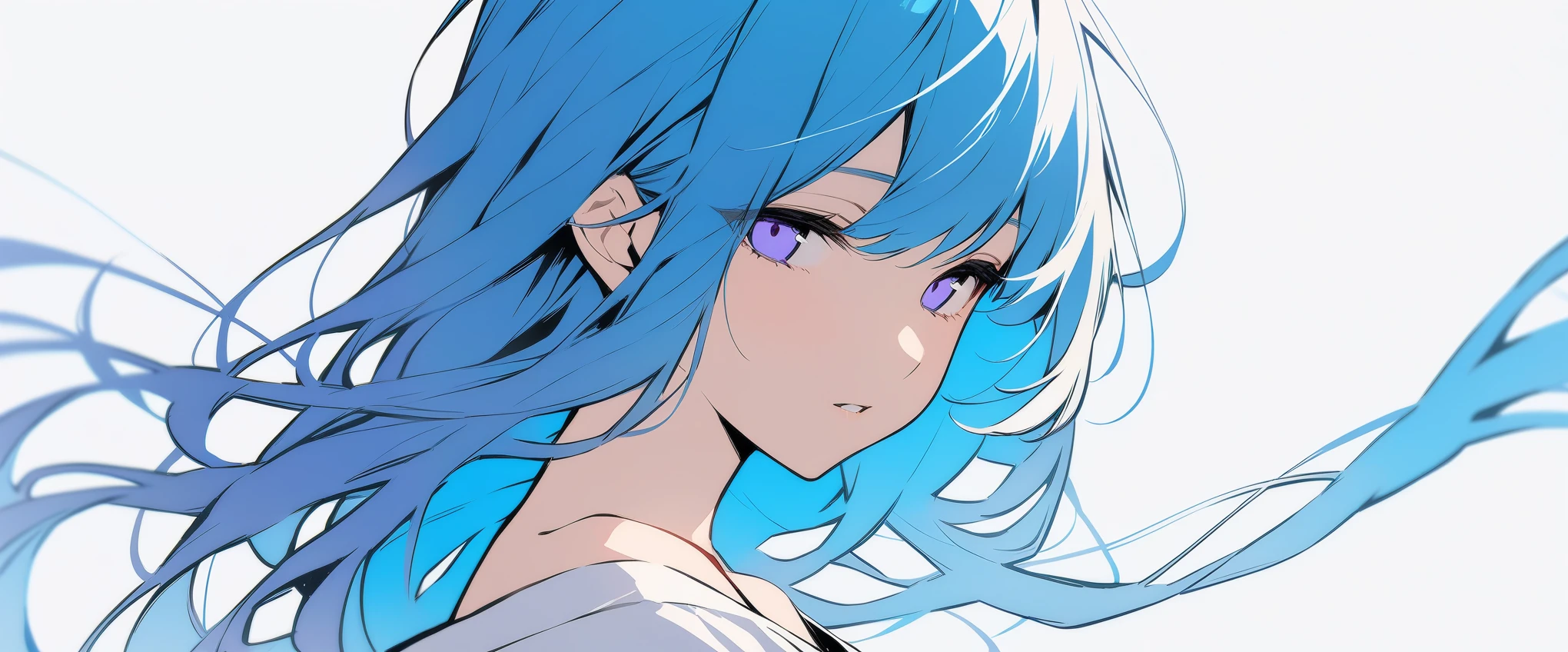 A portrait of a young woman with long blue hair and purple eyes. She is wearing a white dress. Her hair flows forward around her in the wind and she looks at the viewer with half-closed eyes. The background is simple and white. 1girl, solo, long hair, blue eyes, white background, simple background, blue hair, parted lips, upper body, hair floating forward, collarbone, shirt, half-closed eyes, off shoulder, masterpiece, high quality, from side, wallpaper, left, flat color